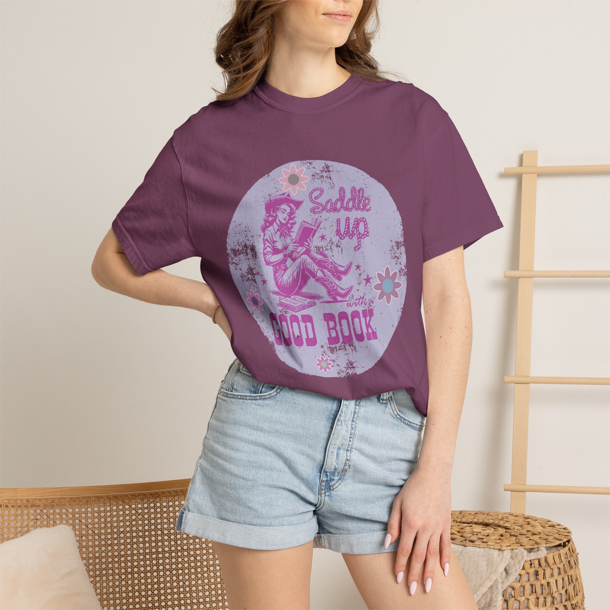 Textured T-Shirt — “Saddle Up Good Book” Retro Western Graphic Tee