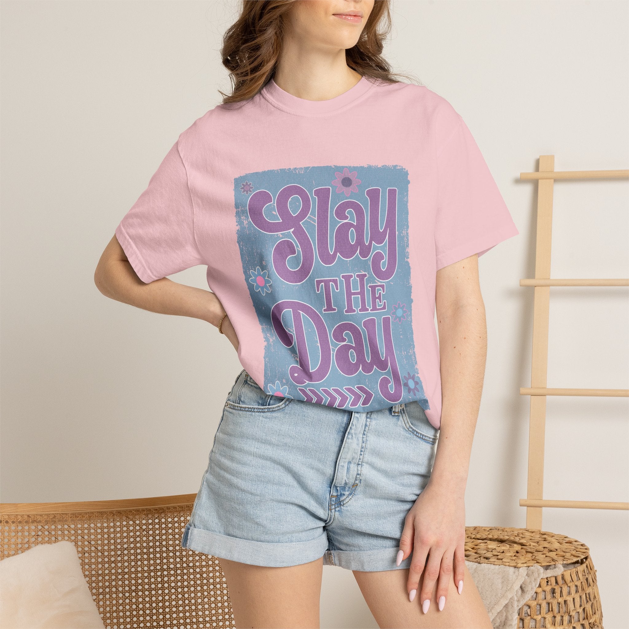 Textured Slay the Day Graphic T-Shirt — Retro Pastel Motivation Tee