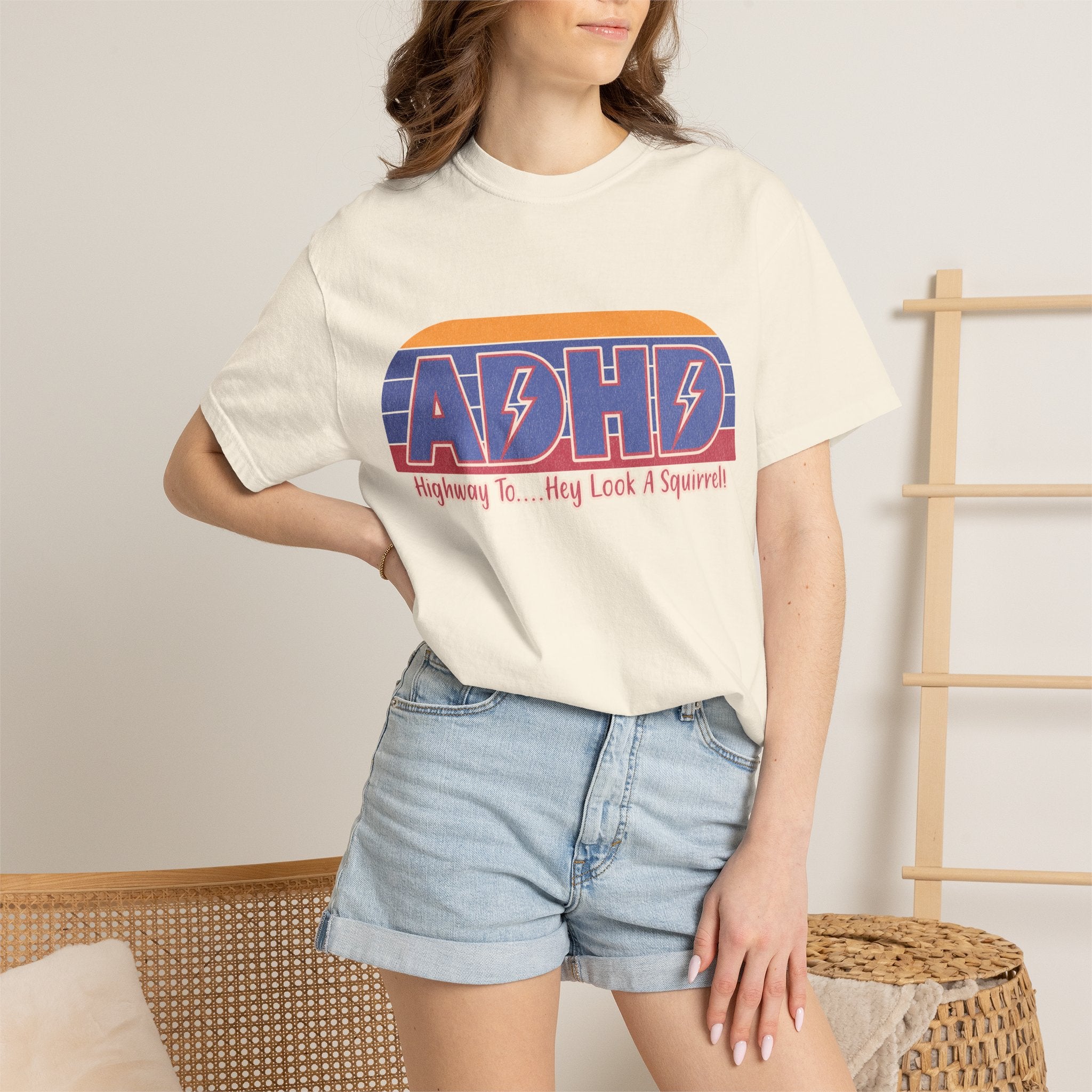 ADHD Retro Stripe T-Shirt — "Highway To... Hey Look A Squirrel" Graphic Tee