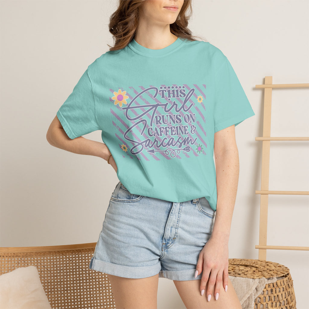 This Girl Runs On Caffeine & Sarcasm  — Textured Women's Graphic T-Shirt