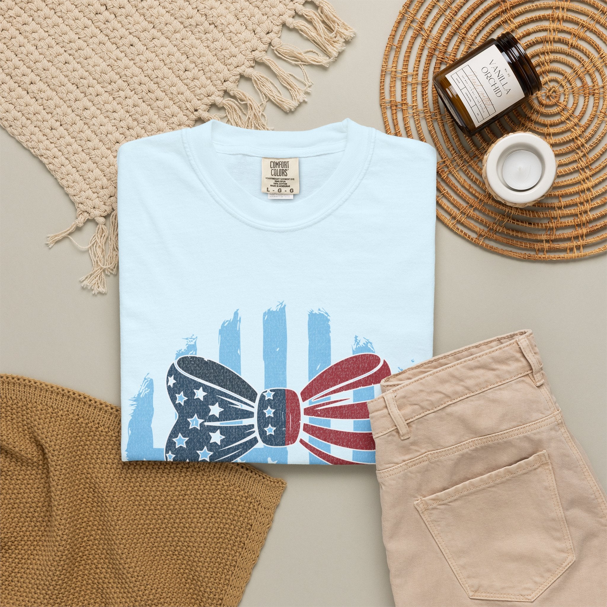 America Patriotic Bow Textured T-Shirt — USA Flag Graphic Tee for 4th of July