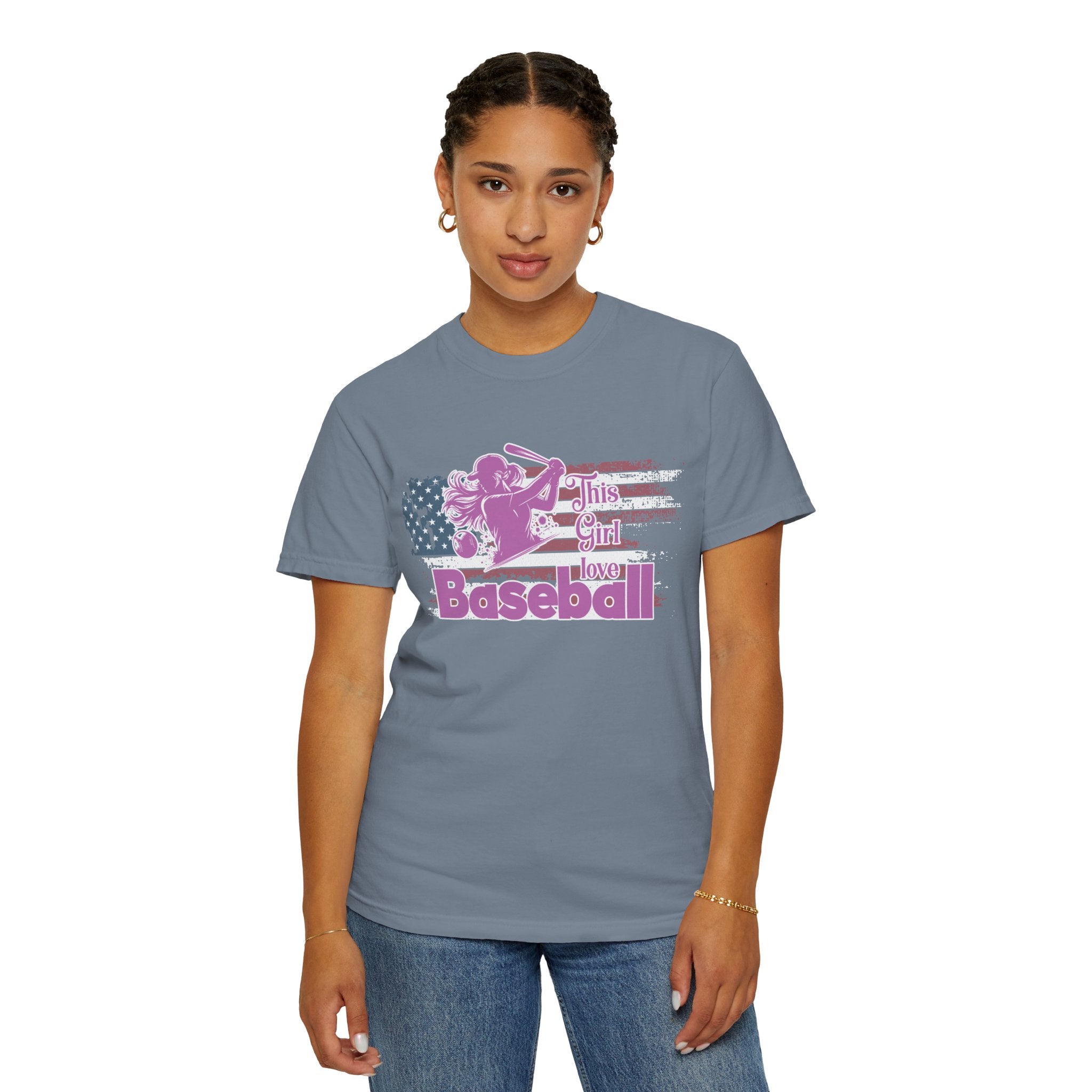 Textured Baseball Tee — "This Girl Loves Baseball" Patriotic Pink Softball T-Shirt
