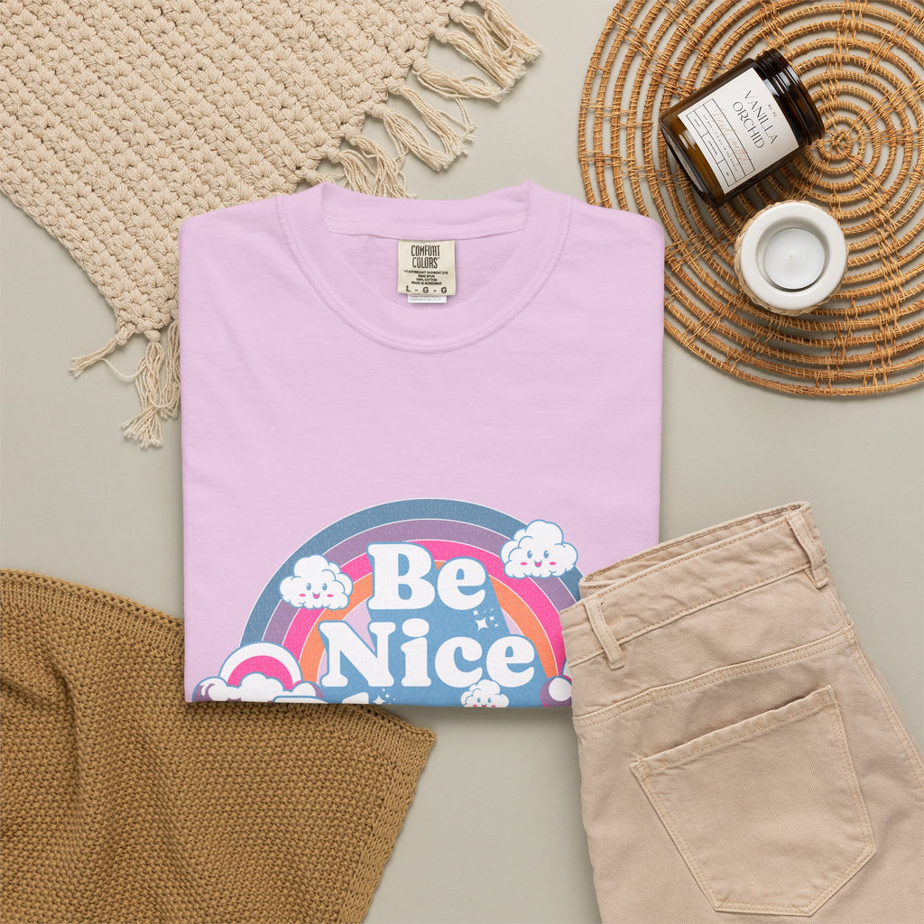 Be Nice Please Textured T-Shirt — Retro Rainbow Positive Message Tee
