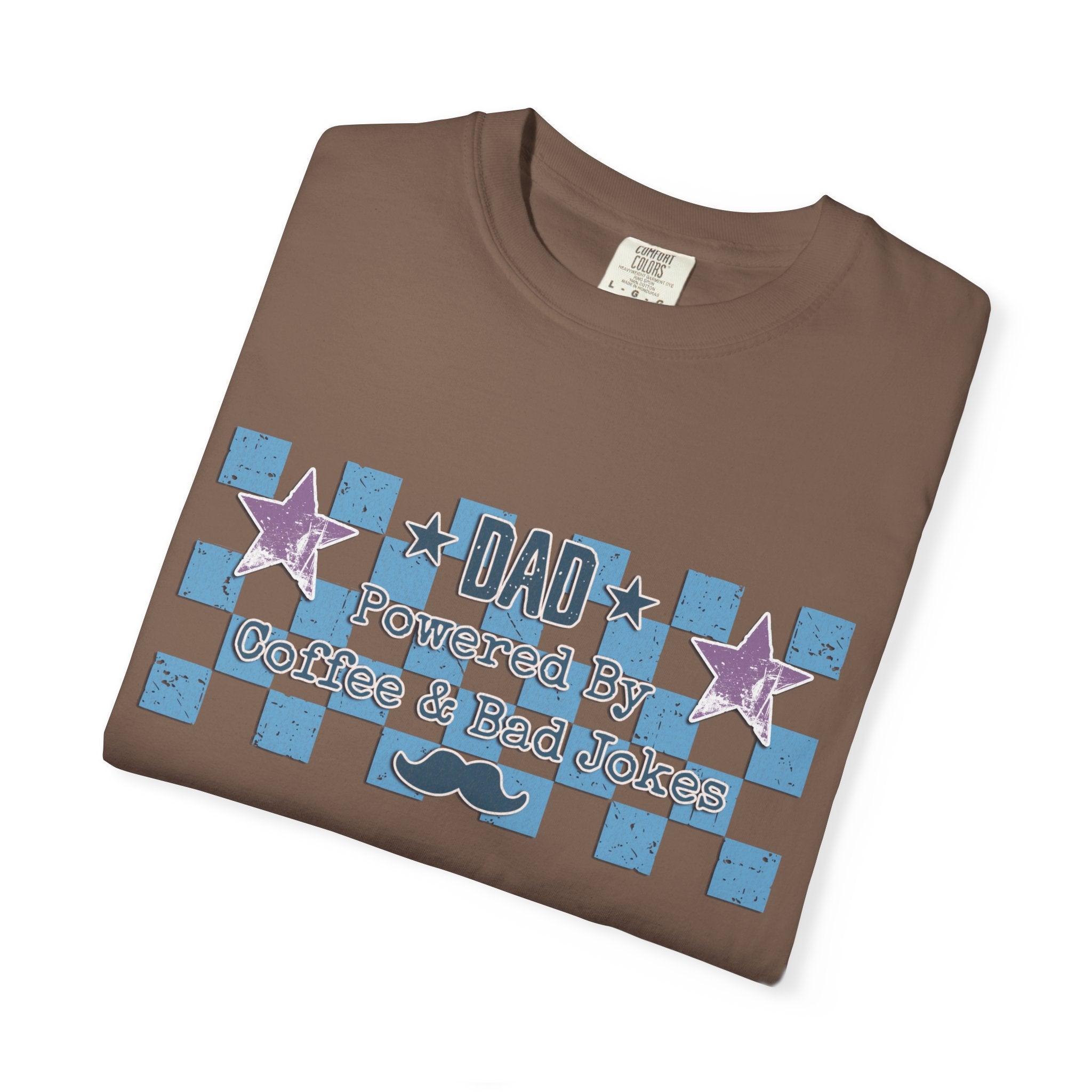 Textured Dad Powered By Coffee & Chaos T-Shirt — Retro Checkered Father's Day Tee