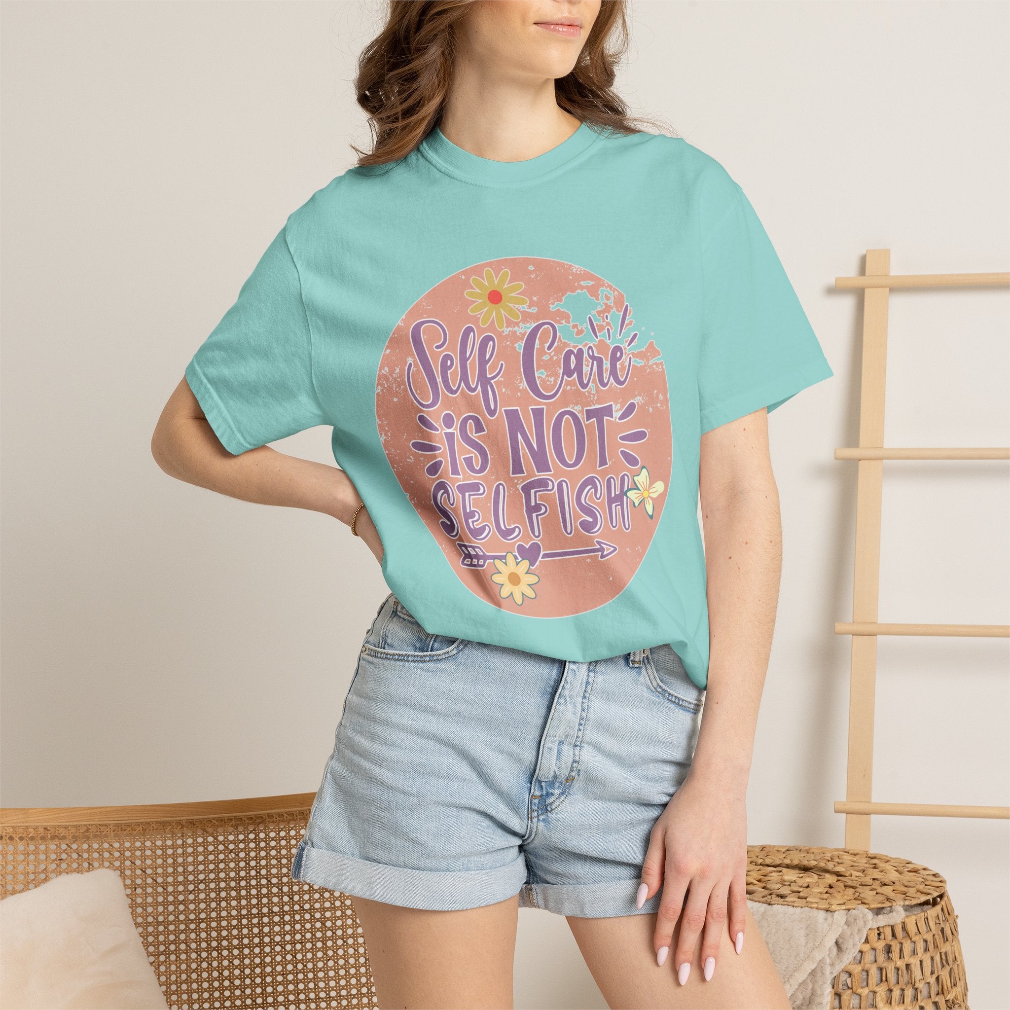 Self Care Is Not Selfish Texture  T-Shirt — Floral Mental Health Awareness Tee