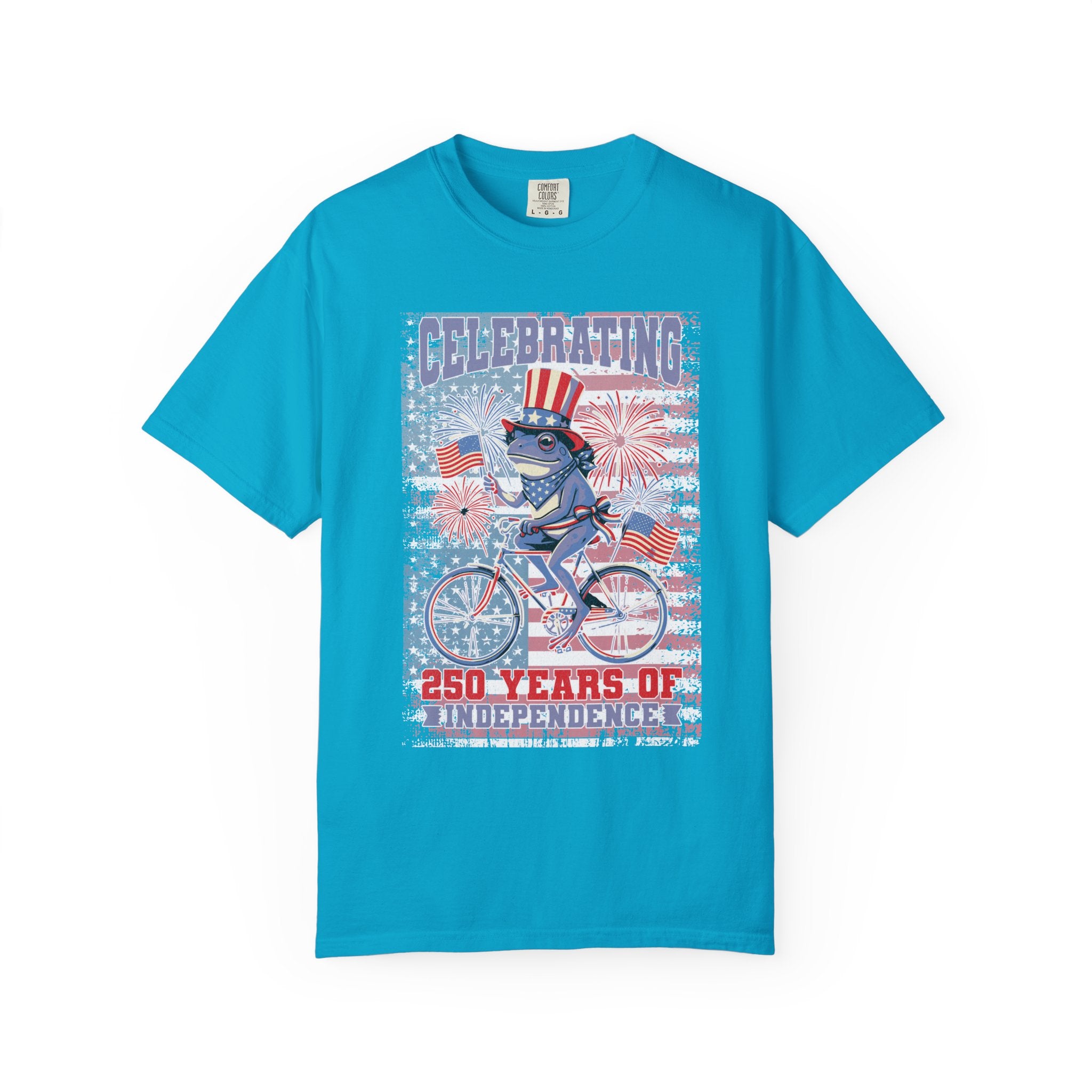 Textured Independence Day Patriotic T-Shirt — "Celebrating 250 Years of Independence" Bicycle Uncle Sam Design
