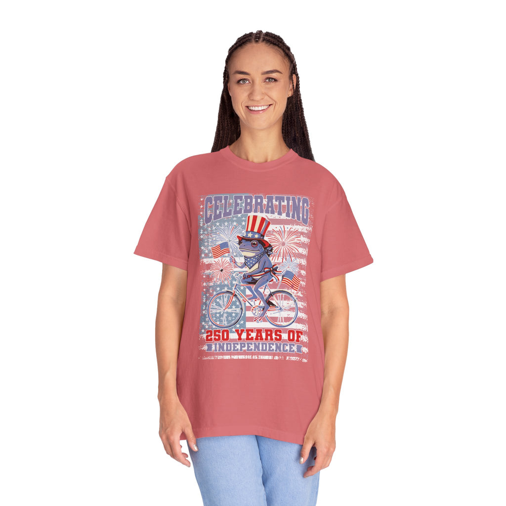 Textured Independence Day Patriotic T-Shirt — "Celebrating 250 Years of Independence" Bicycle Uncle Sam Design