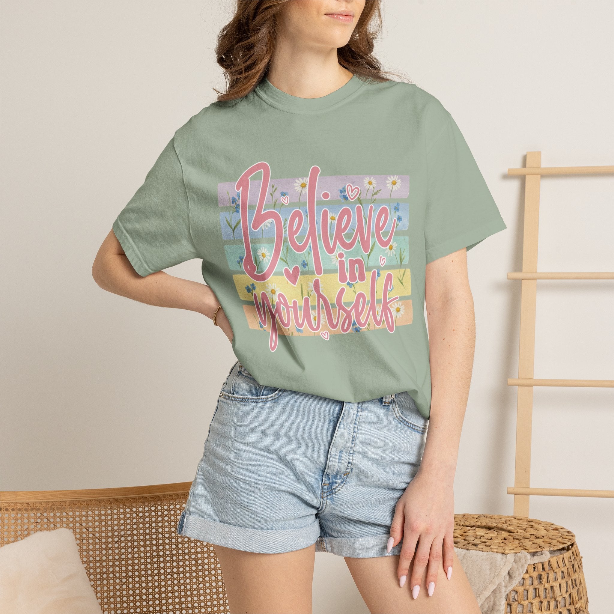 Textured Believe in Yourself T-Shirt — Pastel Floral Inspirational Tee