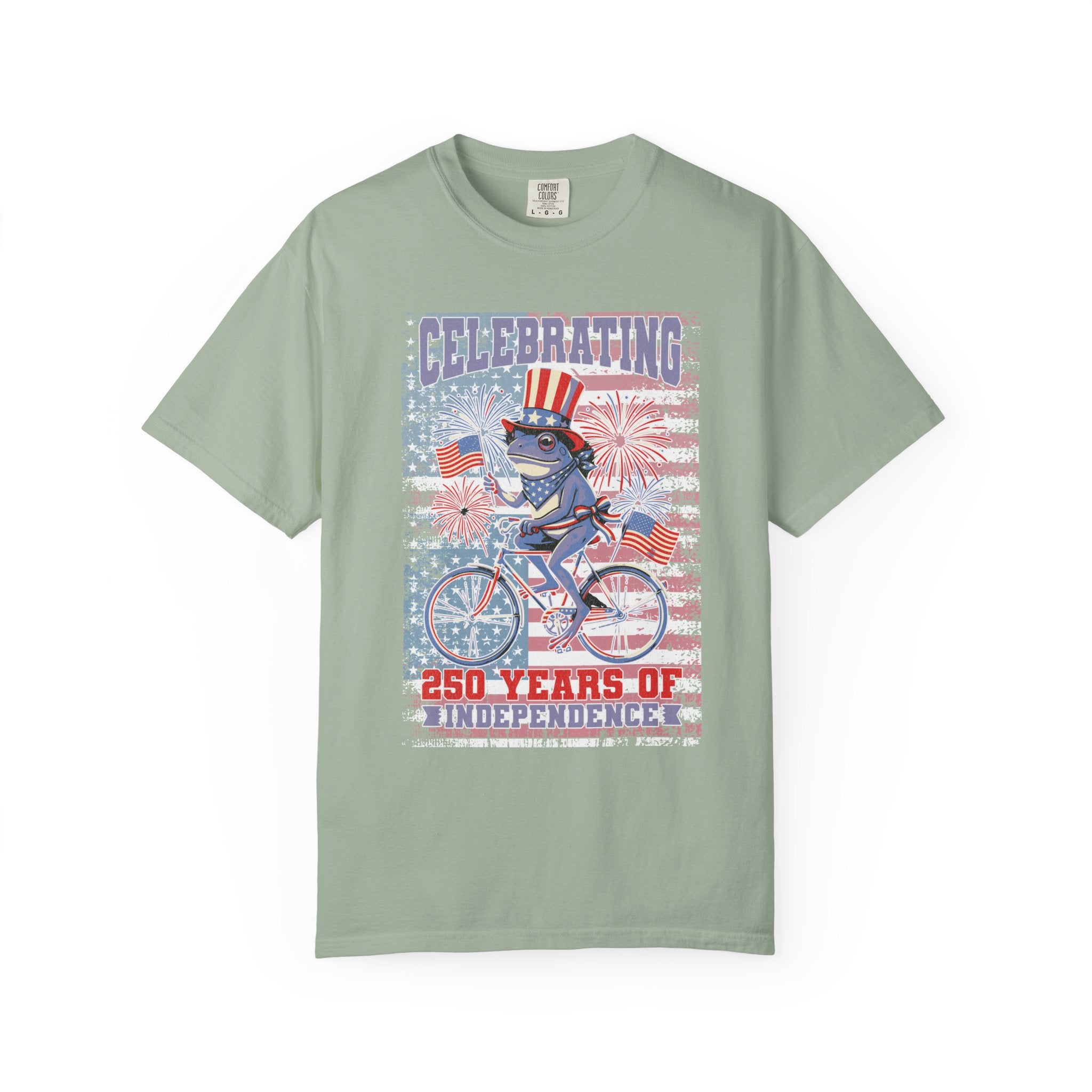 Textured Independence Day Patriotic T-Shirt — "Celebrating 250 Years of Independence" Bicycle Uncle Sam Design