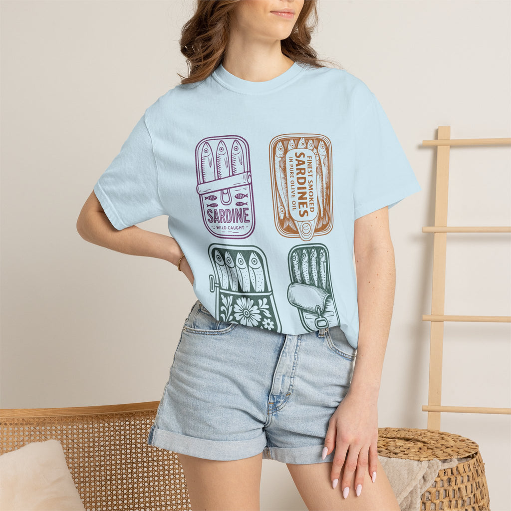 Sardine Tin Graphic Textured T-Shirt — Vintage Seafood Illustration Tee