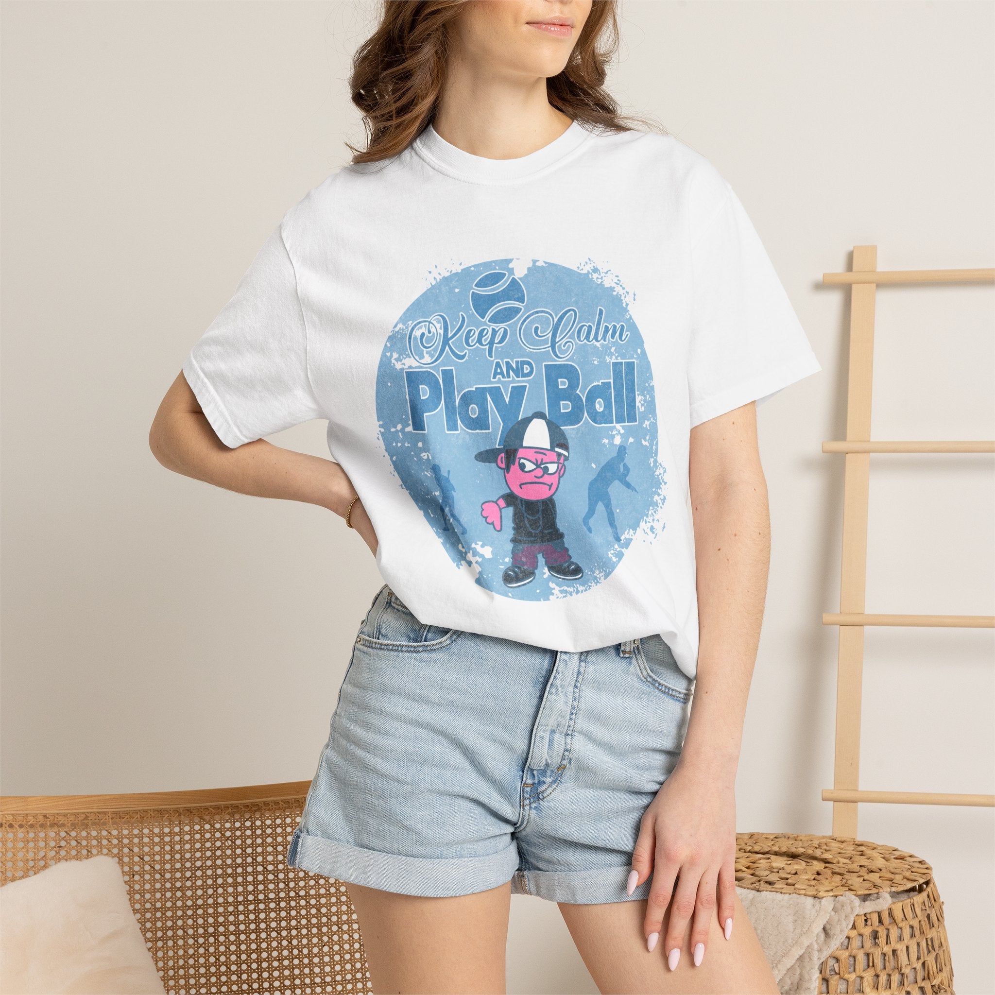Textured Keep Calm and Play Ball Baseball T-Shirt — Cute Mascot Sports Tee for Kids & Fans
