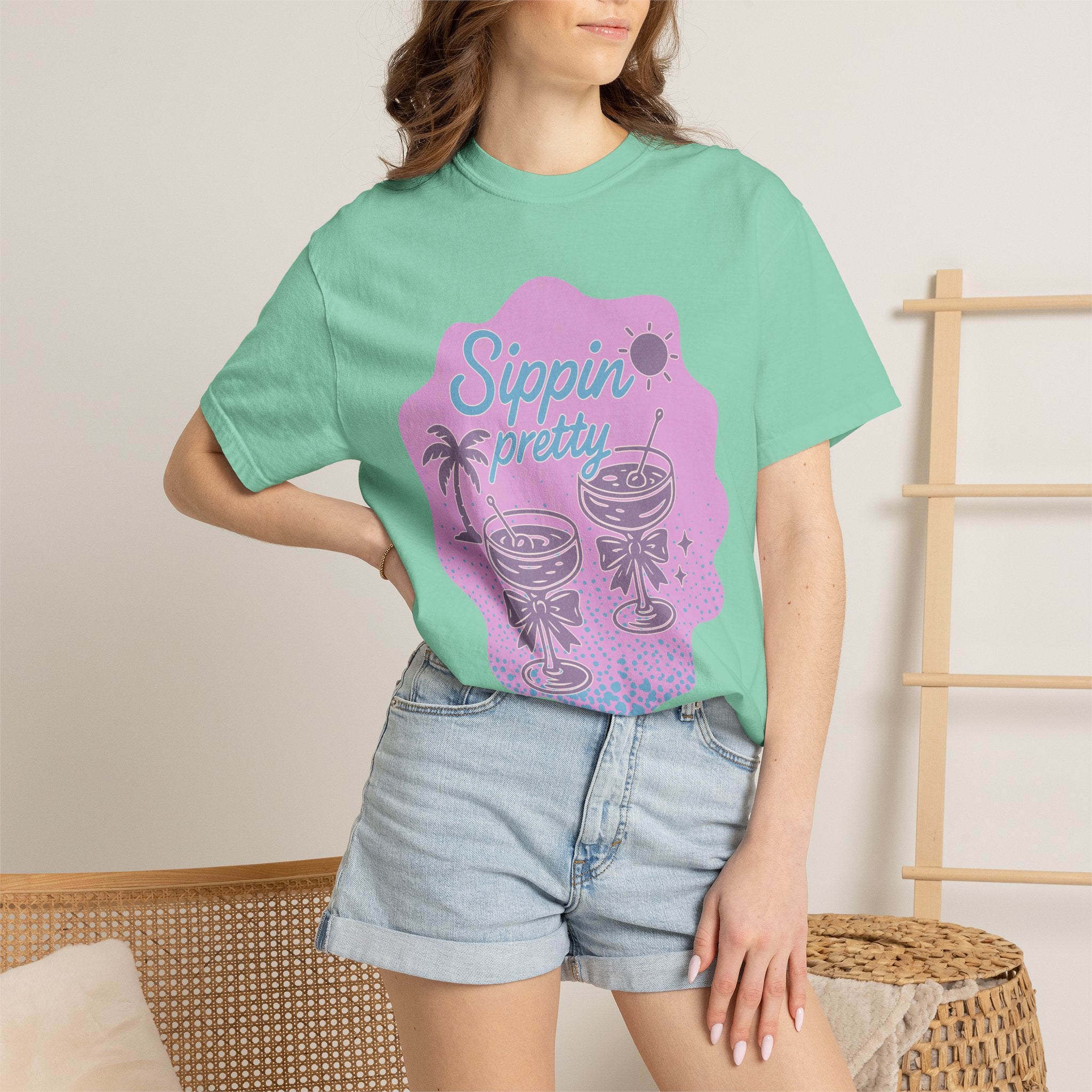 T-Shirt — "Sippin' Pretty" Tropical Cocktail Textured Graphic Tee