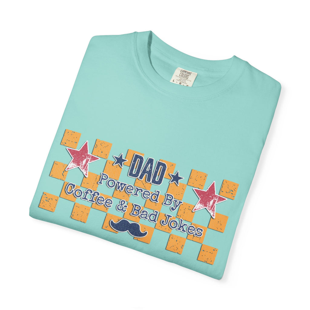 Dad Textured T-Shirt — "Powered by Coffee & Bad Jokes" Retro Checker Fathers Day Tee