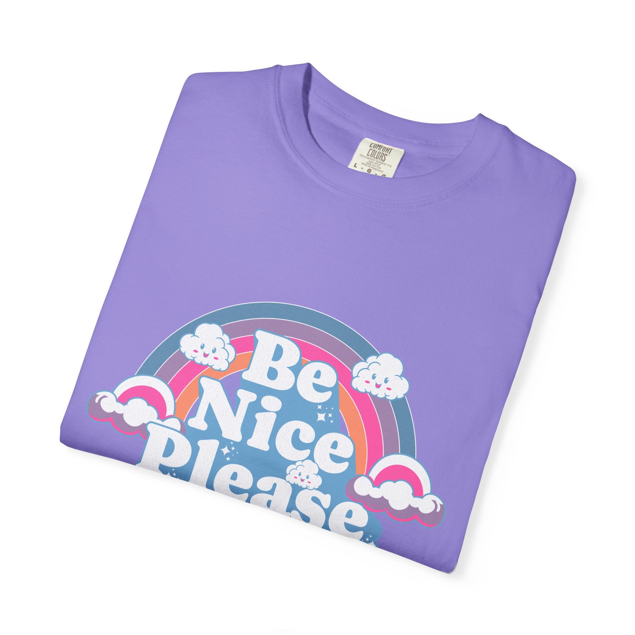 Be Nice Please Textured T-Shirt — Retro Rainbow Positive Message Tee