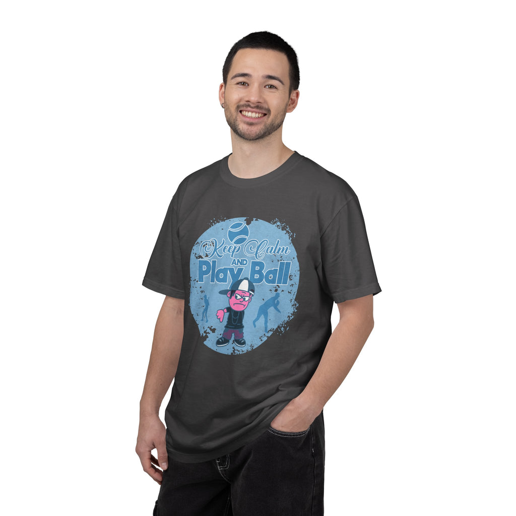 Textured Keep Calm and Play Ball Baseball T-Shirt — Cute Mascot Sports Tee for Kids & Fans
