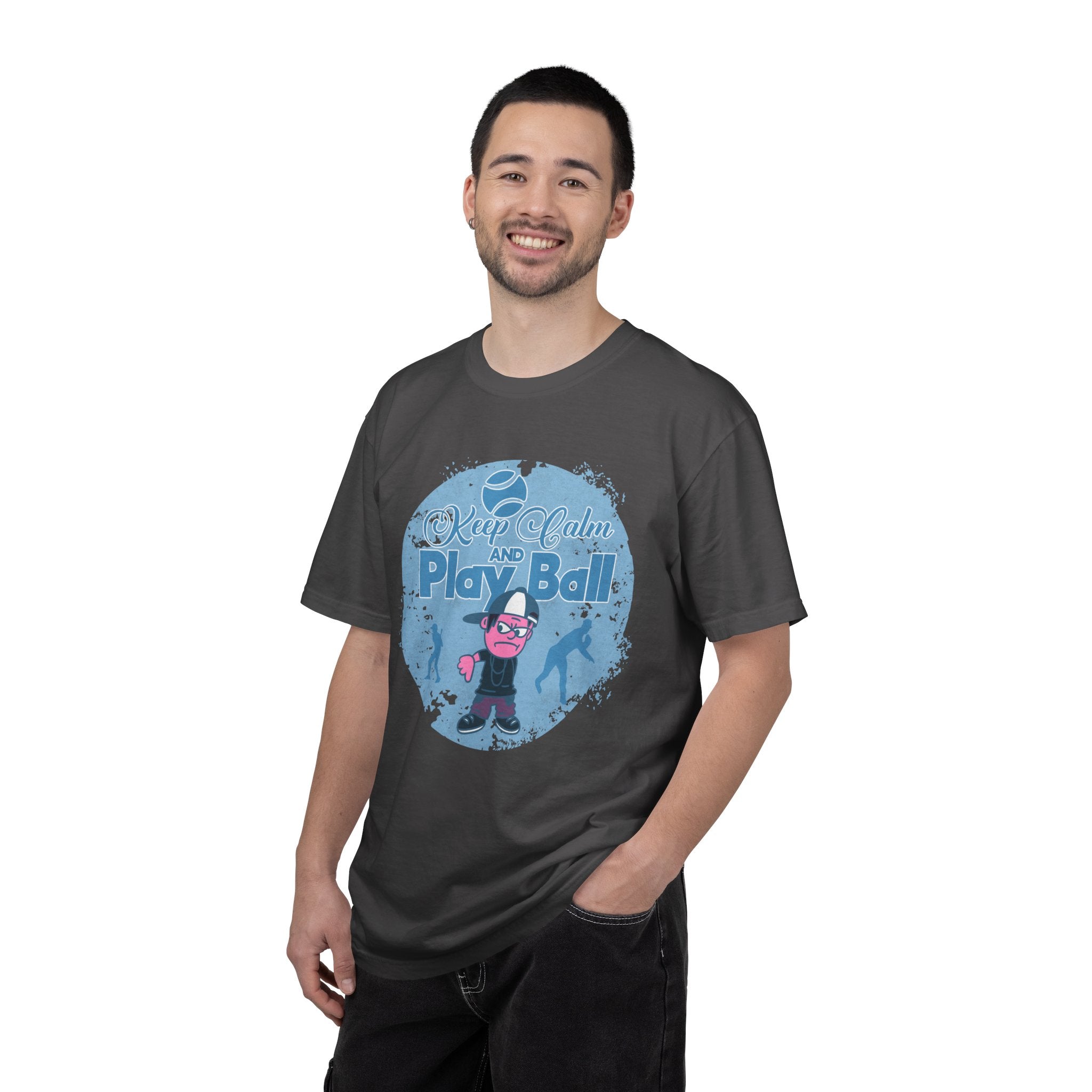 Textured Keep Calm and Play Ball Baseball T-Shirt — Cute Mascot Sports Tee for Kids & Fans