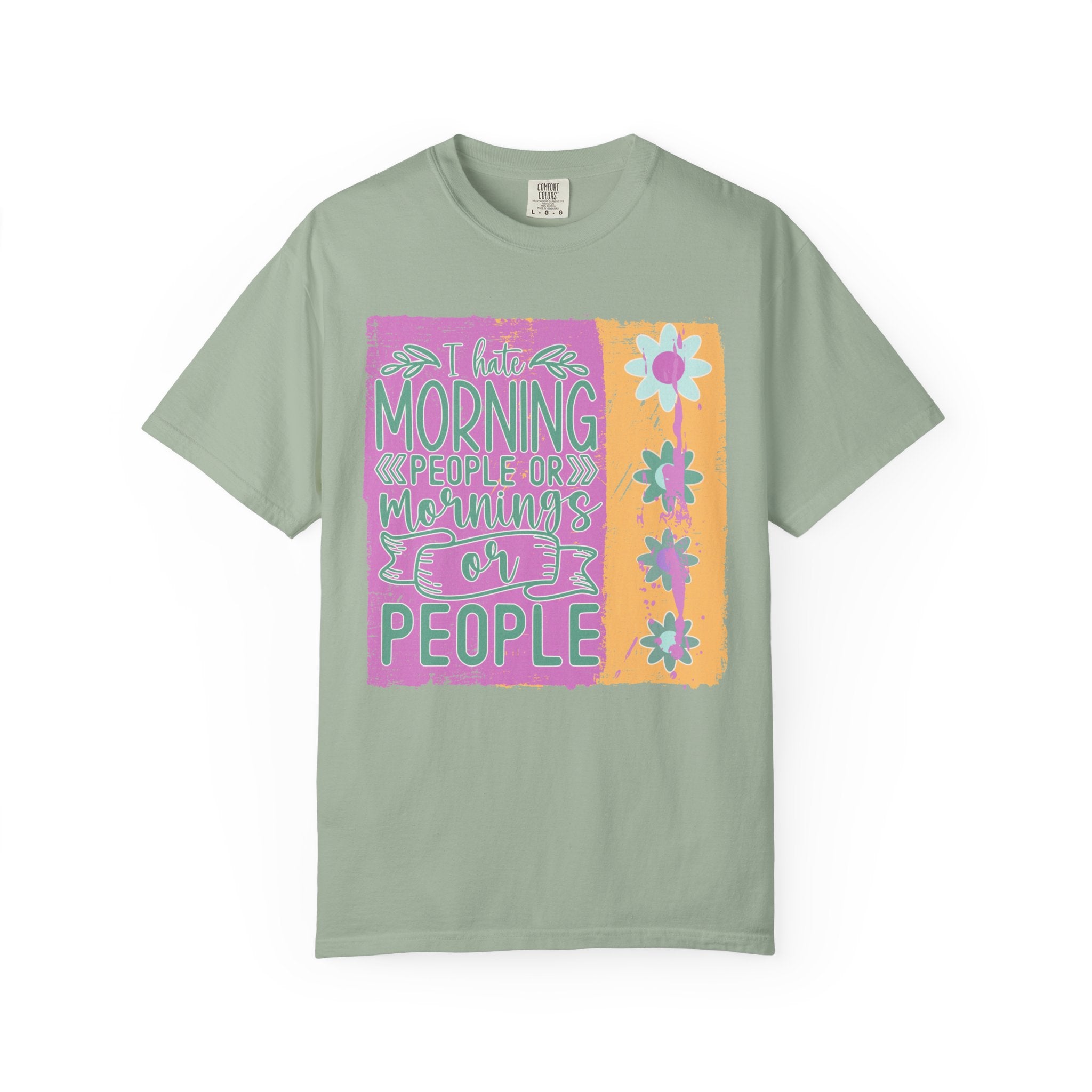 Graphic Textured T-Shirt — “Not a Morning Person” Retro Floral Block Design