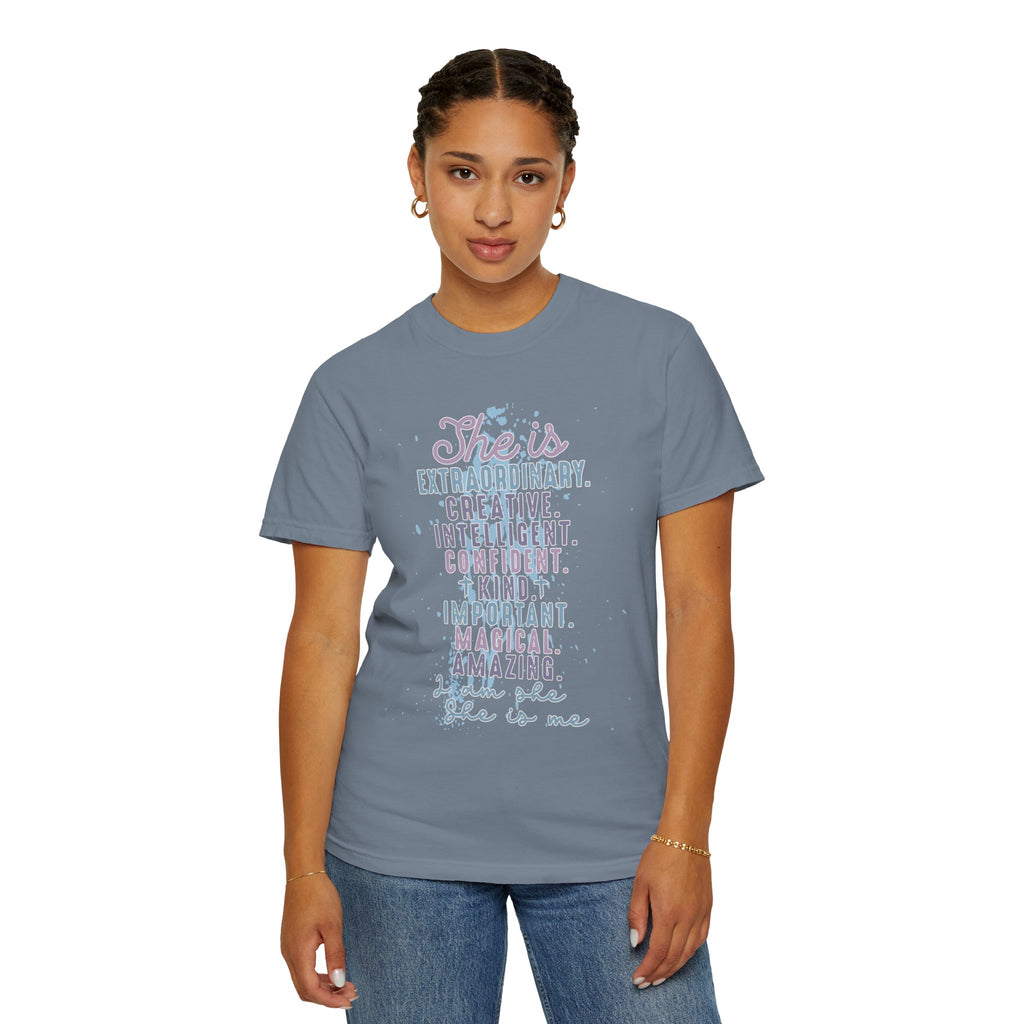 She Is Inspirational Textured Graphic T-Shirt — "She is extraordinary, creative, intelligent..."