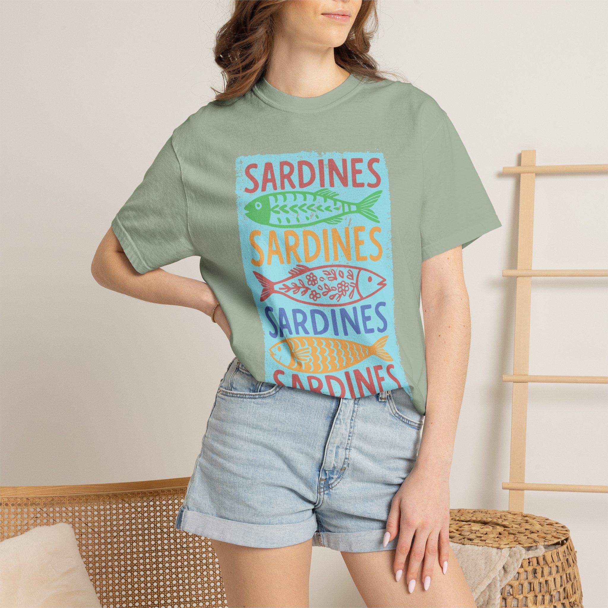 Sardines Colorblock Graphic Textured T-Shirt — Retro Coastal Fish Tee