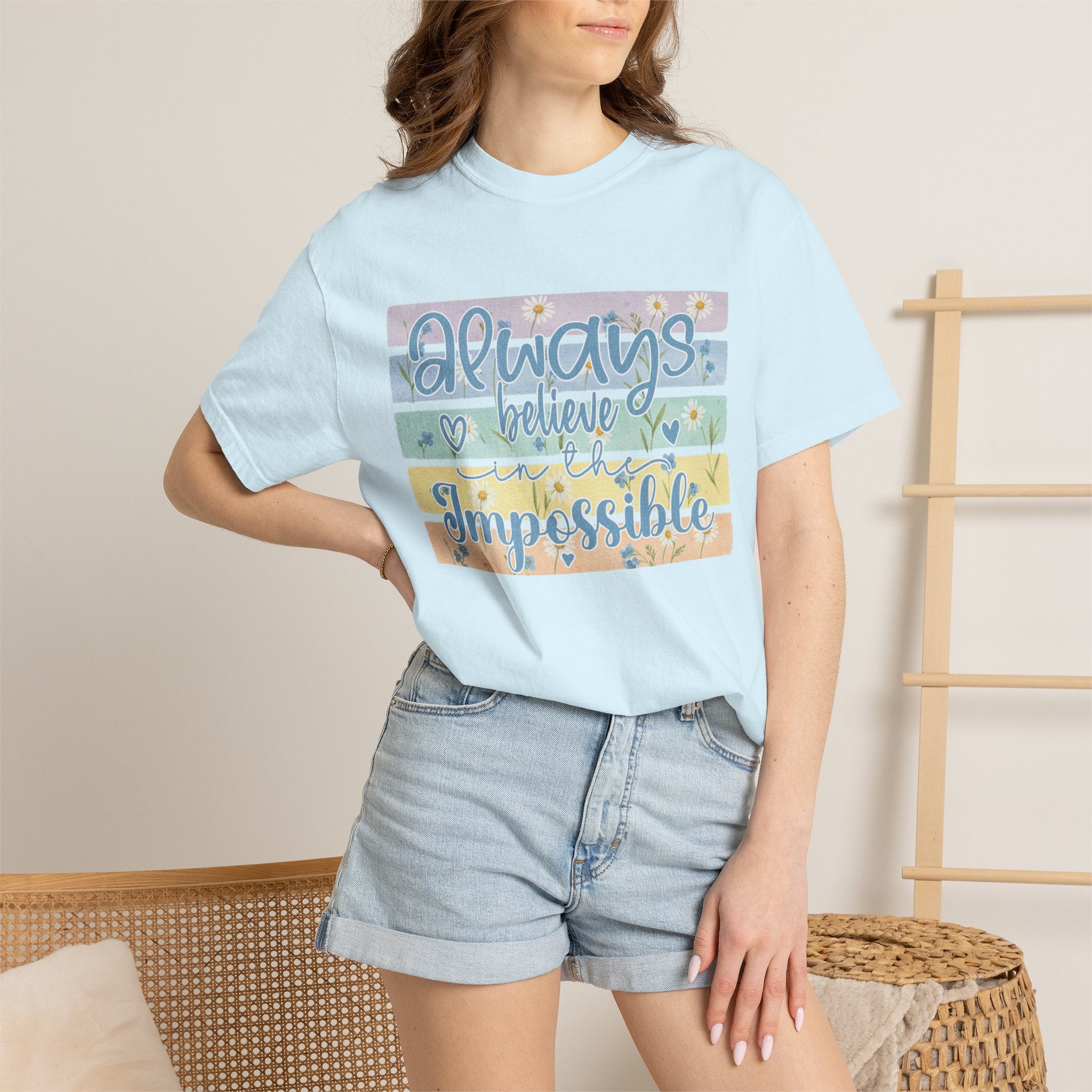Textured T-Shirt — "Always Believe the Impossible" Pastel Inspirational Graphic Tee