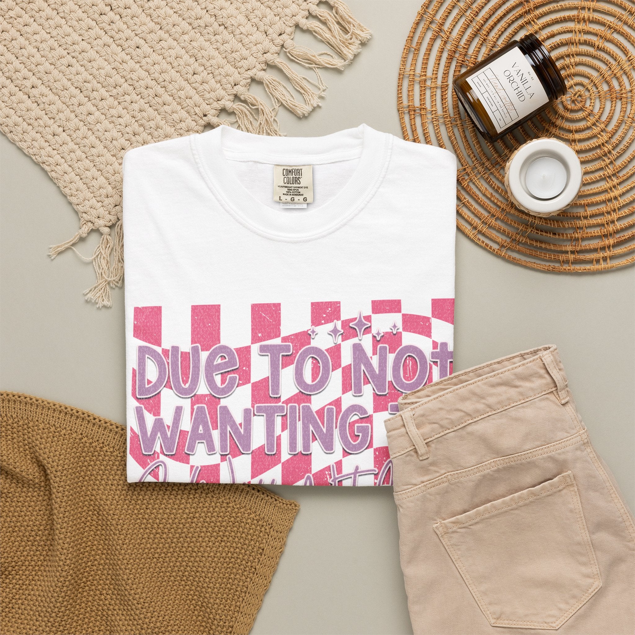 Textured Graphic Tee — “Due to Not Wanting to” Pink Checkerboard T-Shirt
