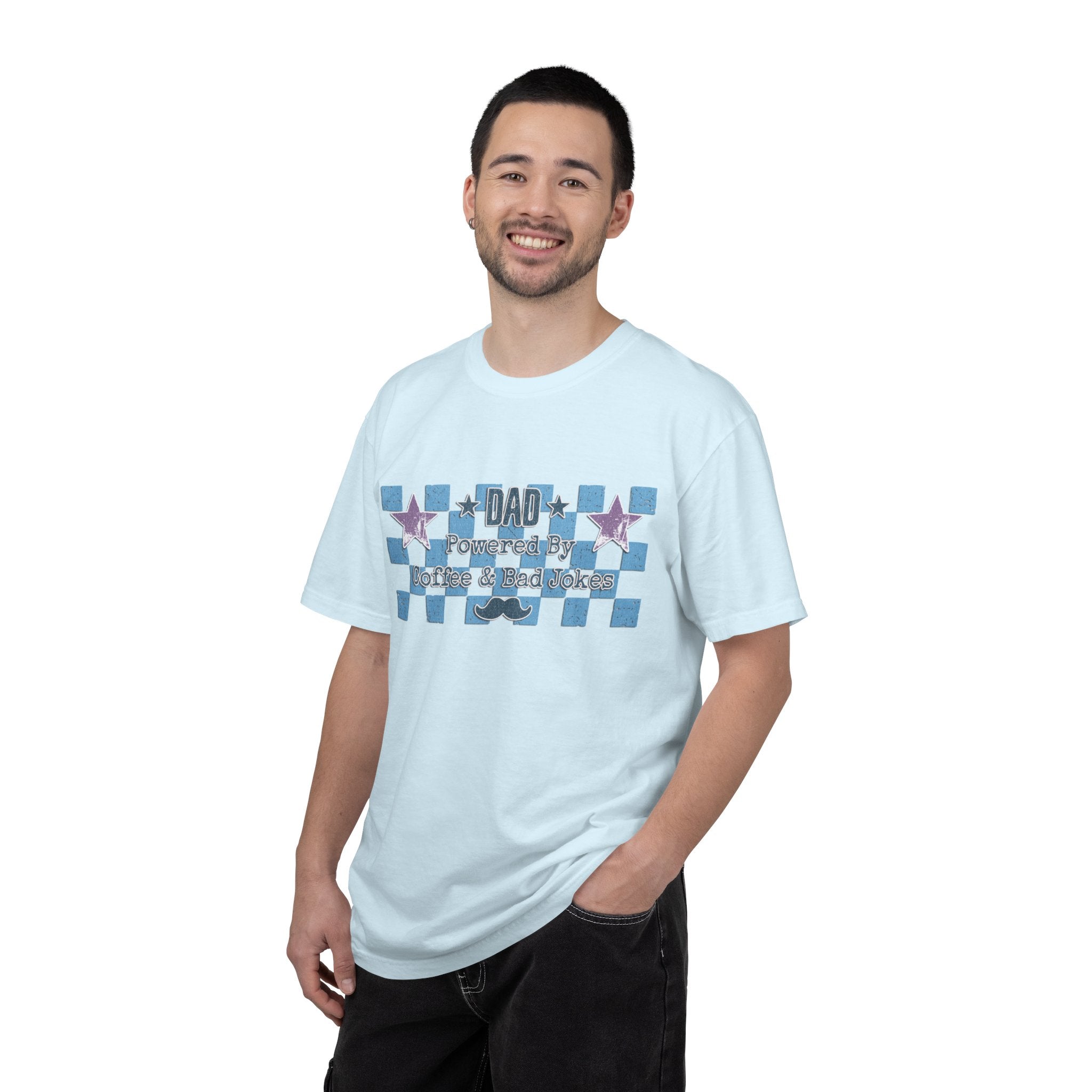 Textured Dad Powered By Coffee & Chaos T-Shirt — Retro Checkered Father's Day Tee