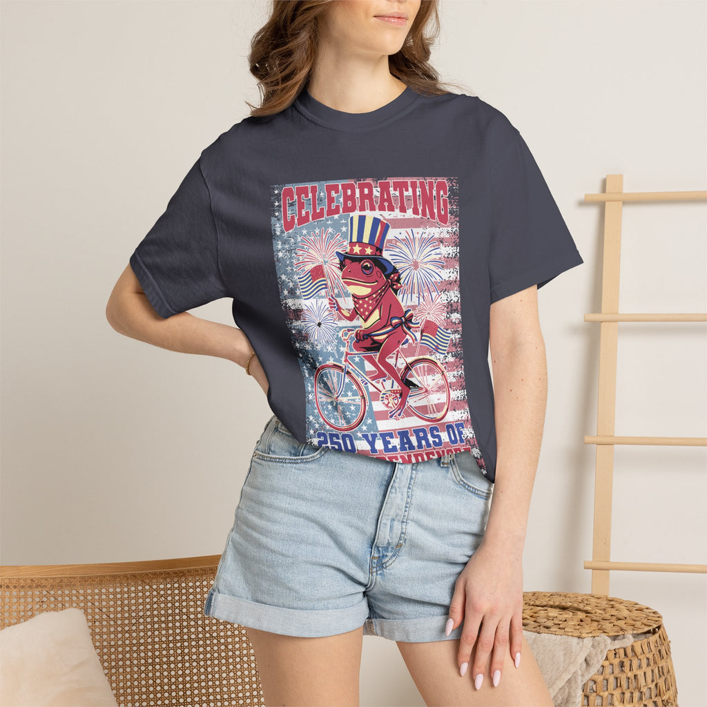 Textured Independence Day Dog on Bike T-Shirt — "Celebrating 250 Years of Independence" Patriotic Tee