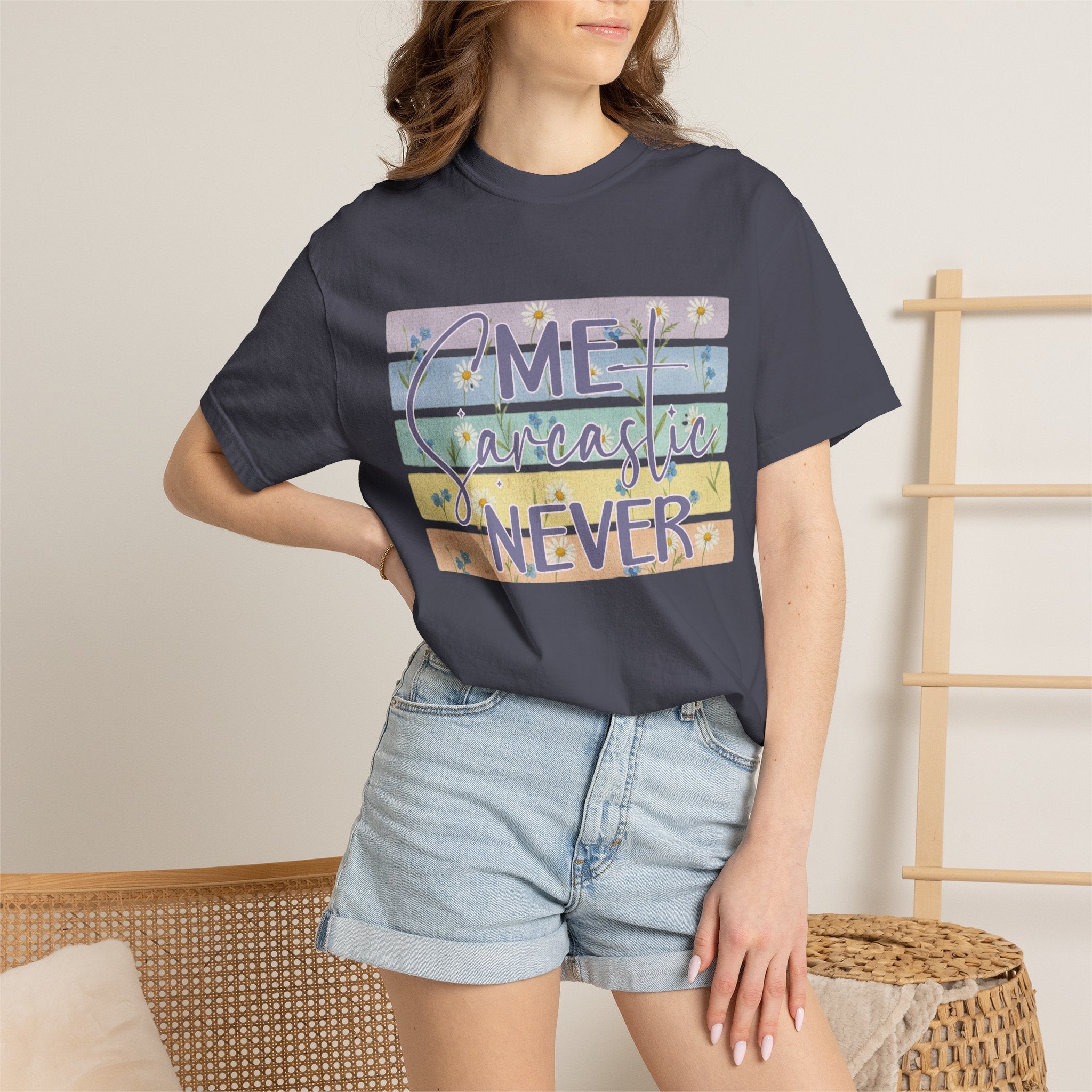 Textured Sarcastic Never T-Shirt — Pastel Striped "Me? Sarcastic? Never" Graphic Tee