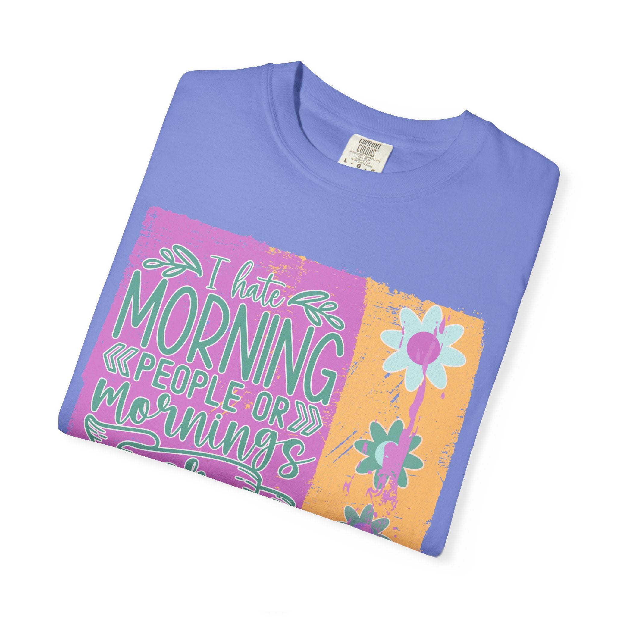 Graphic Textured T-Shirt — “Not a Morning Person” Retro Floral Block Design