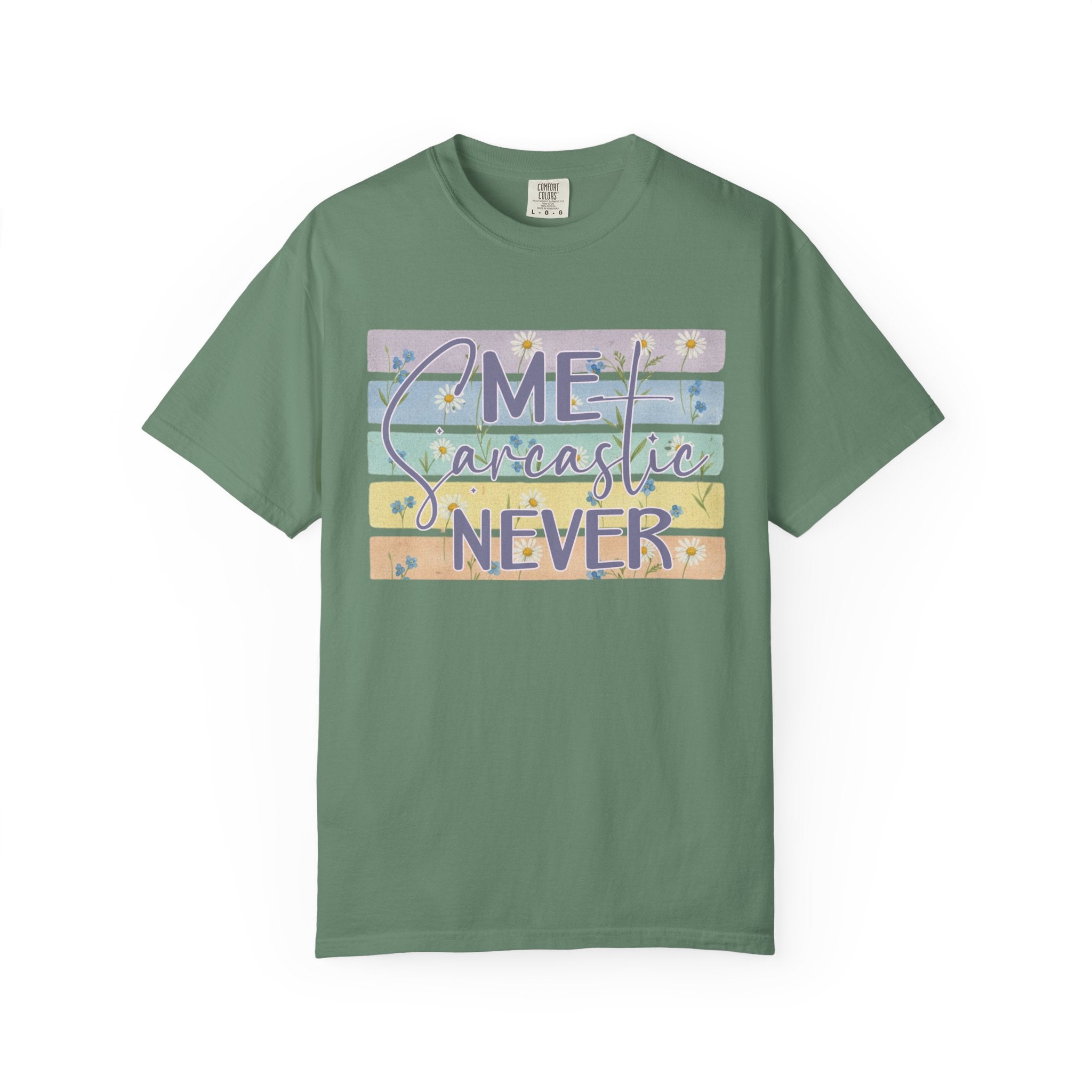 Textured Sarcastic Never T-Shirt — Pastel Striped 'Me? Sarcastic? Never' Graphic Tee