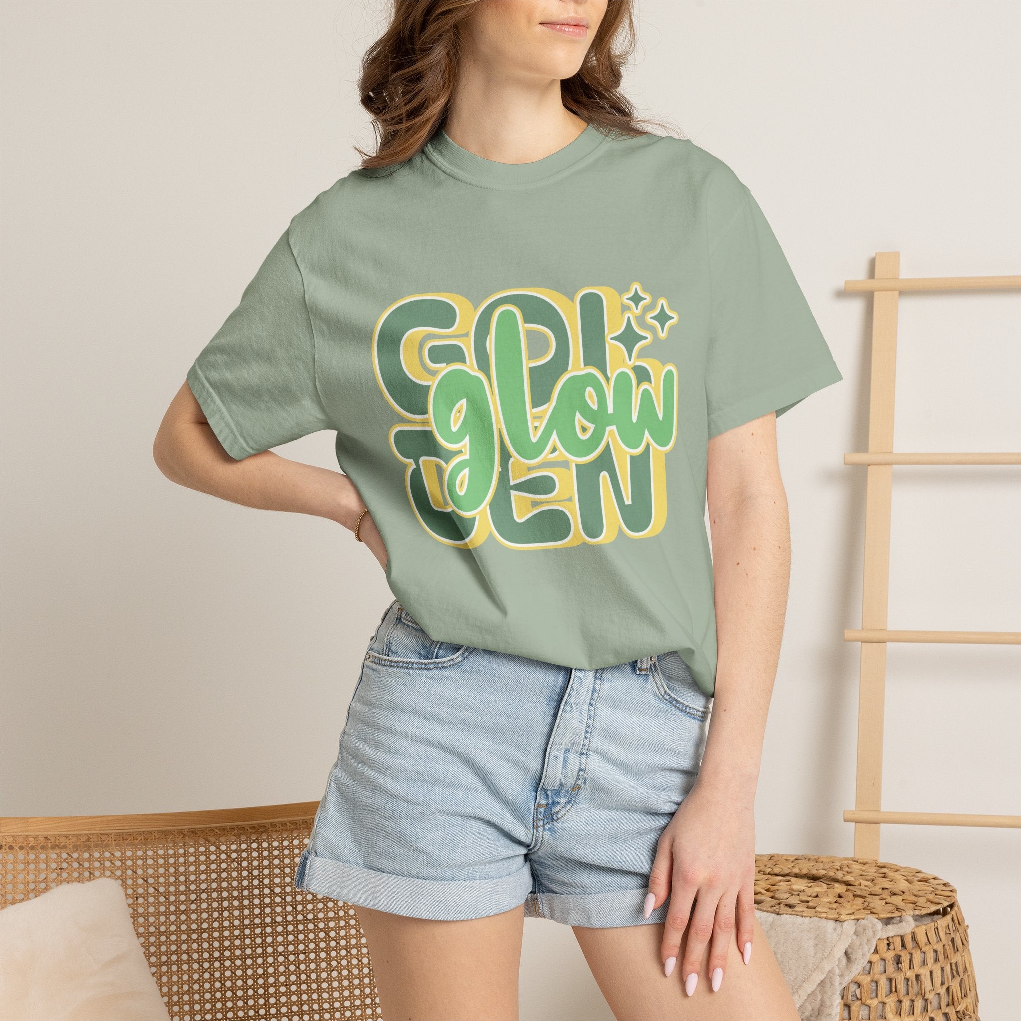 Golden Glow Textured T-Shirt — Retro 'Glow' Graphic Tee