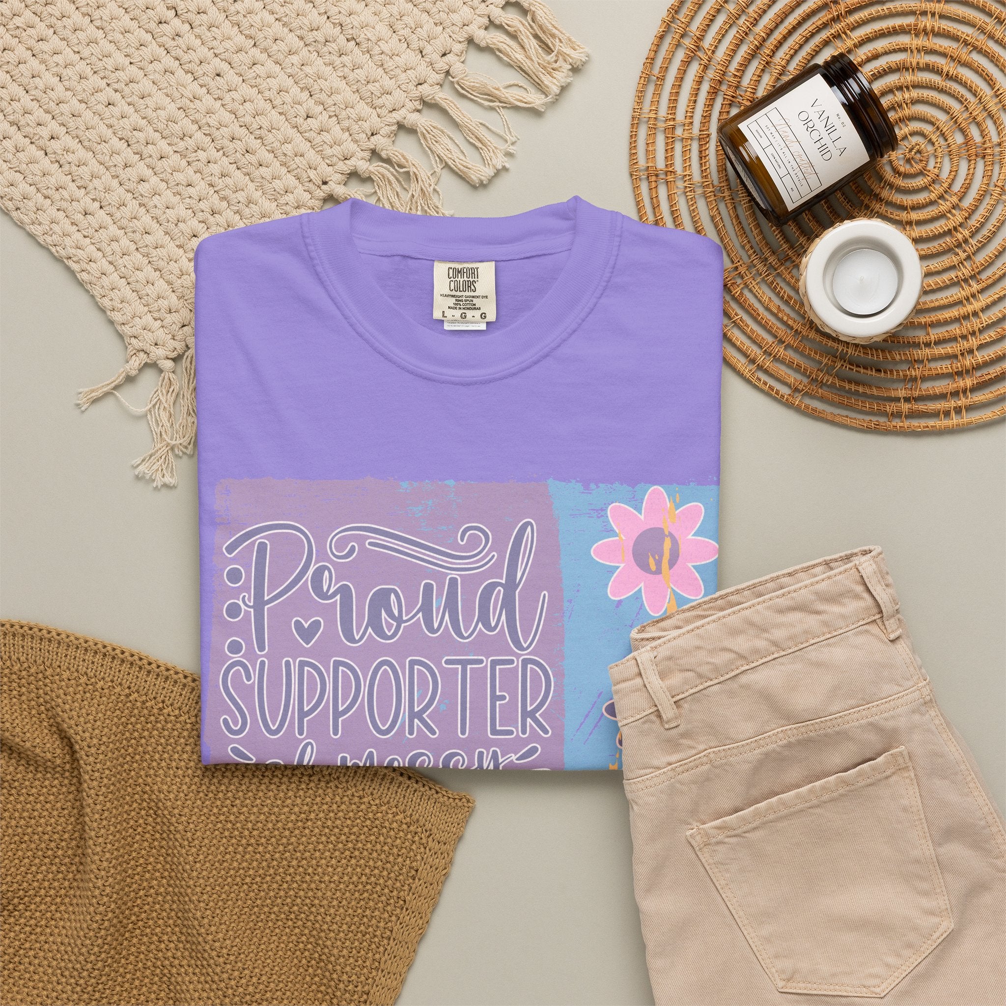 Textured T-Shirt — "Proud Supporter of Messy Hair and Sweatpants" Floral Graphic