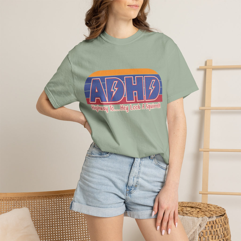 ADHD Retro Stripe T-Shirt — "Highway To... Hey Look A Squirrel" Graphic Tee