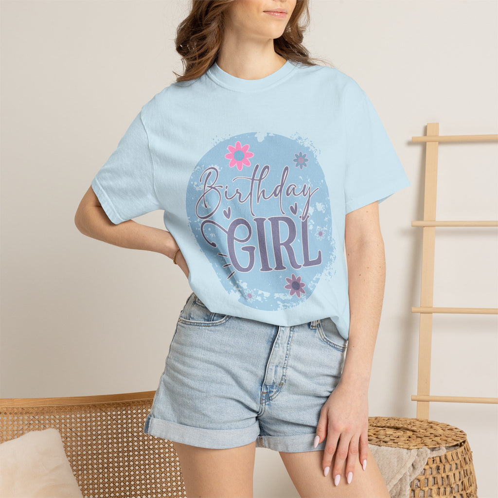 Birthday Girl Textured T-Shirt — Floral Blue Circle Graphic