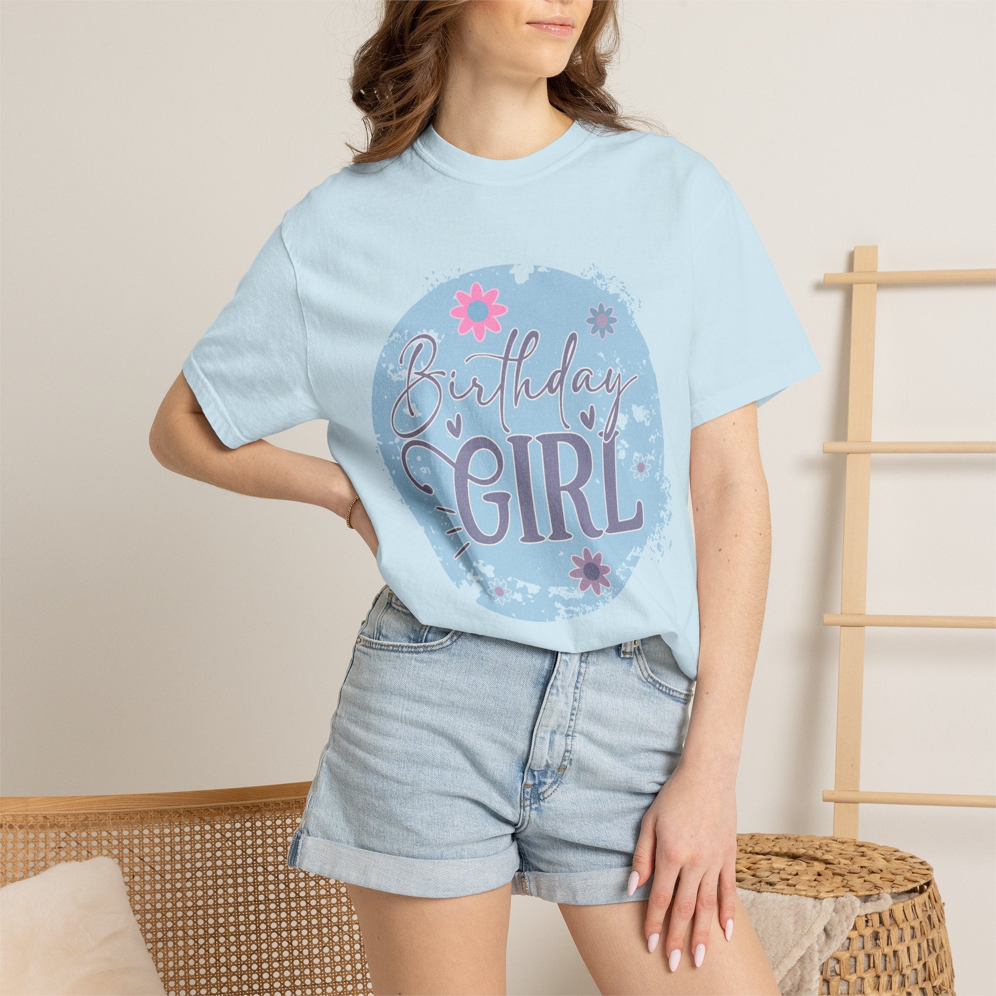 Birthday Girl Textured T-Shirt — Floral Blue Circle Graphic