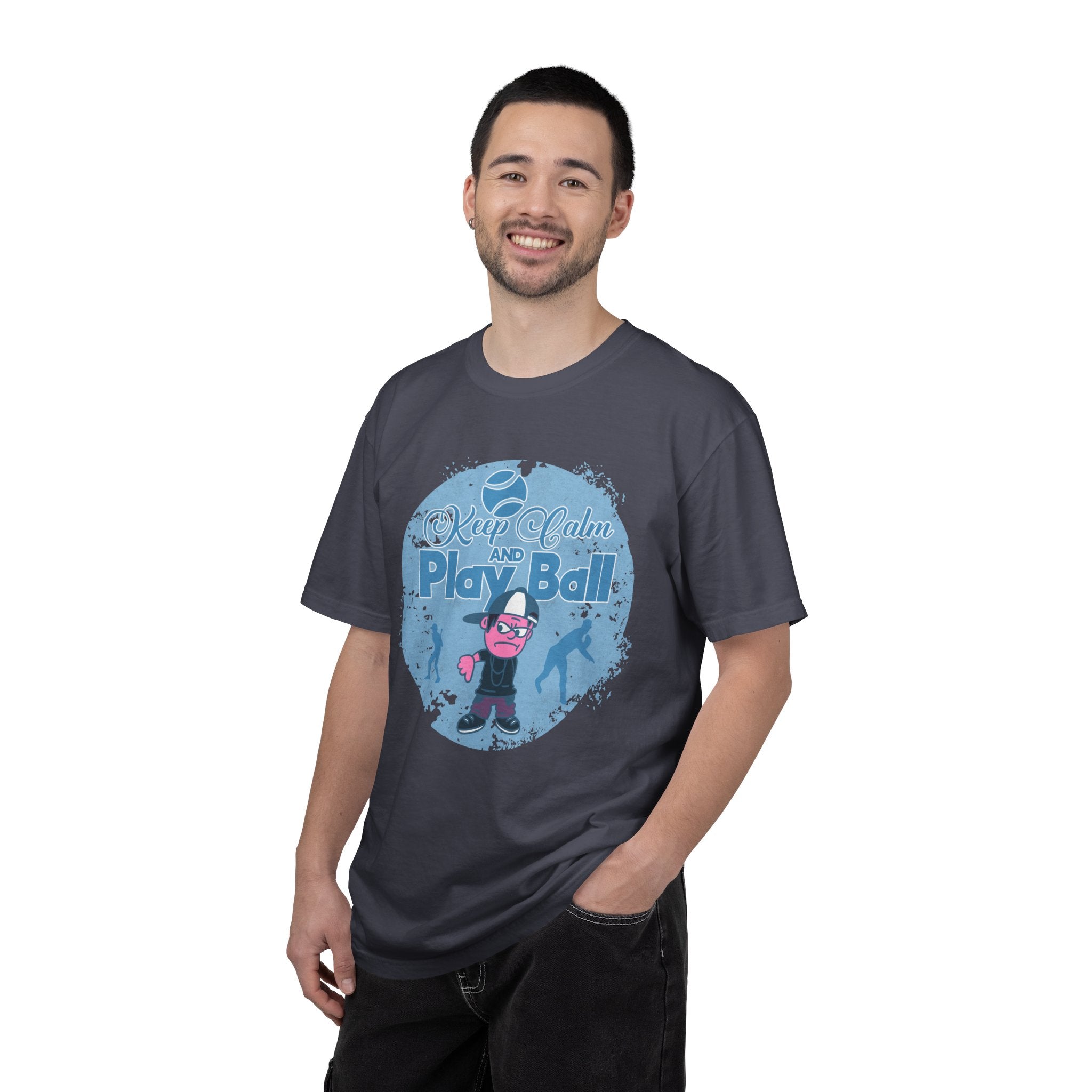Textured Keep Calm and Play Ball Baseball T-Shirt — Cute Mascot Sports Tee for Kids & Fans