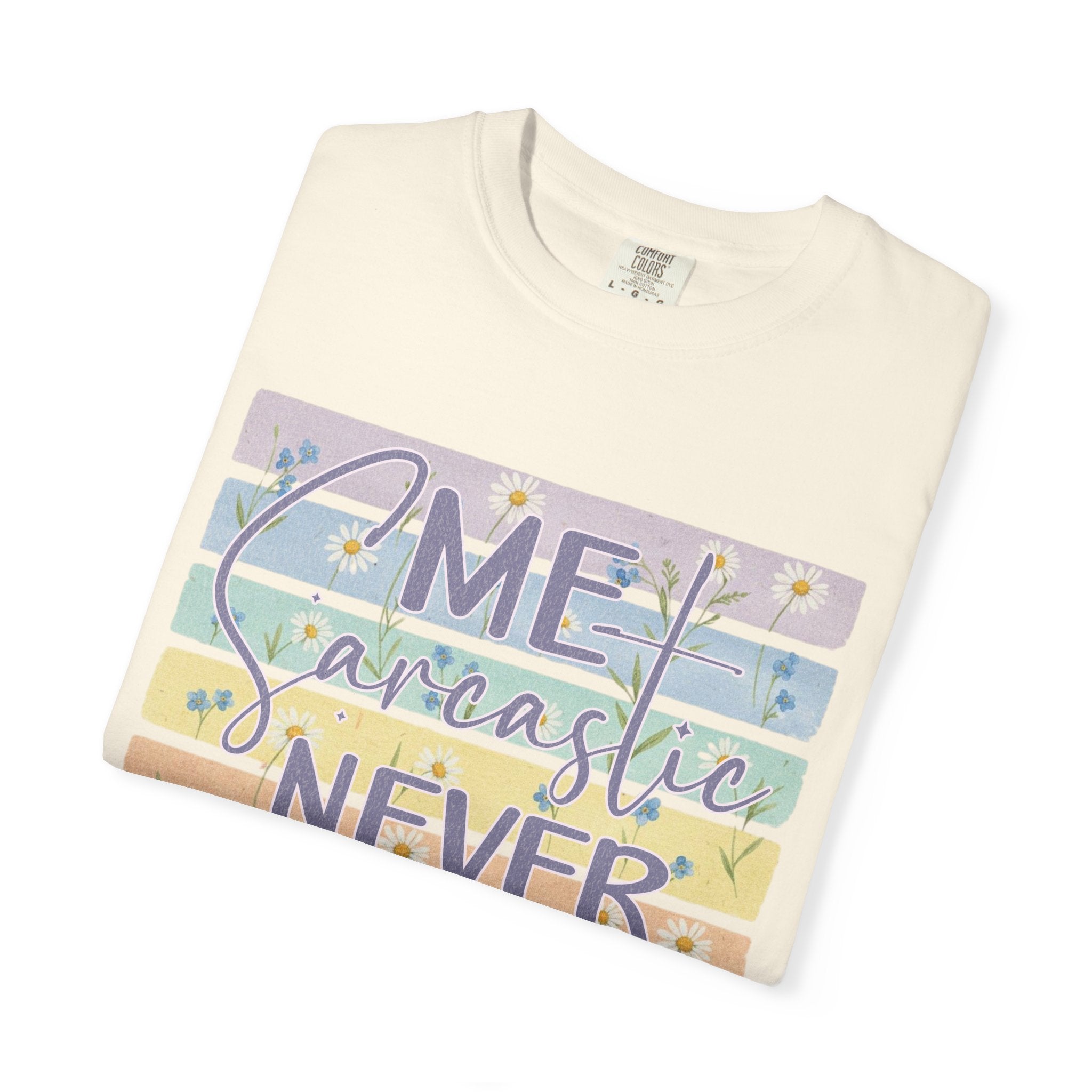 Textured Sarcastic Never T-Shirt — Pastel Striped 'Me? Sarcastic? Never' Graphic Tee