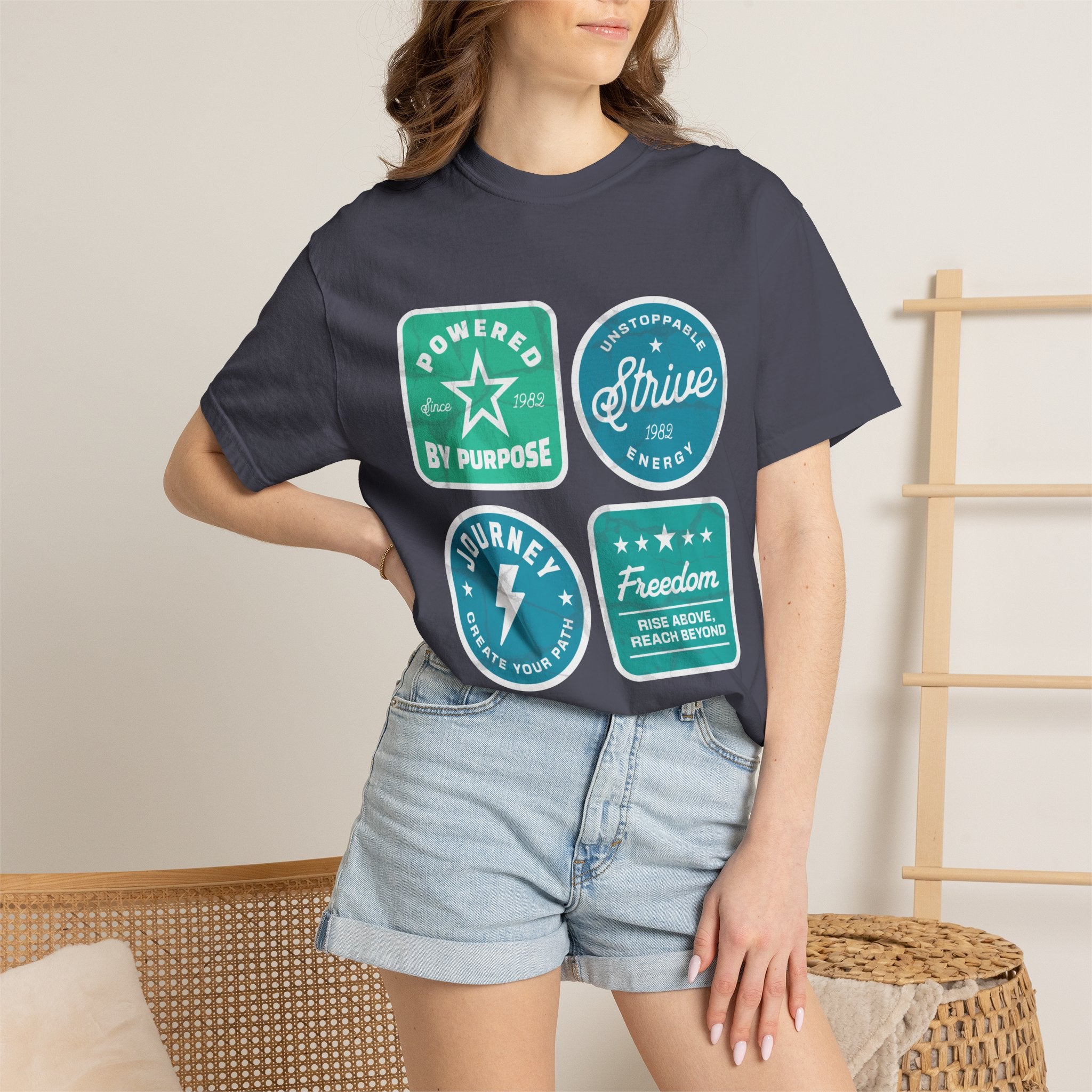 Motivational Badge Graphic Textured T-Shirt — "Powered by Purpose, Strive, Journey, Freedom"