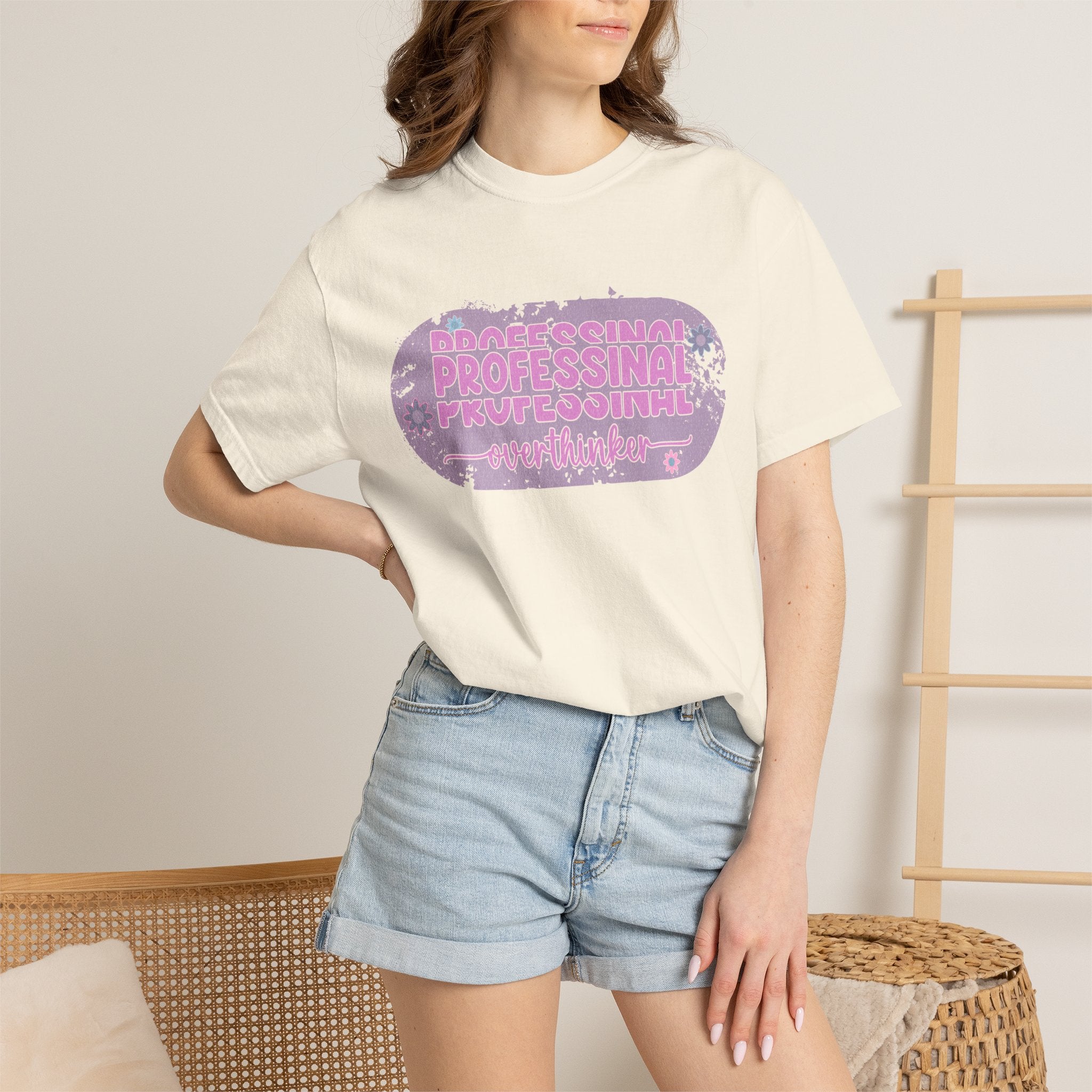Professional Overthinker  Floral Textured T-Shirt — Retro Pink Graphic Tee