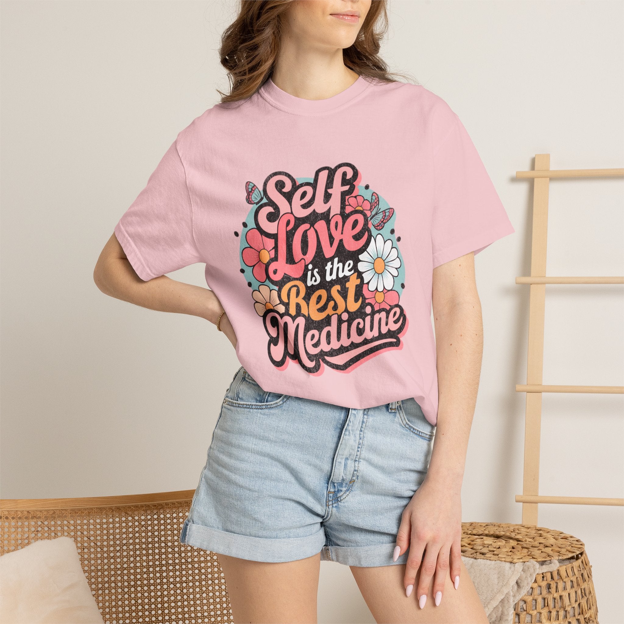 Self Love is the Best Medicine T-Shirt |Textured Floral Script Mental Health Design