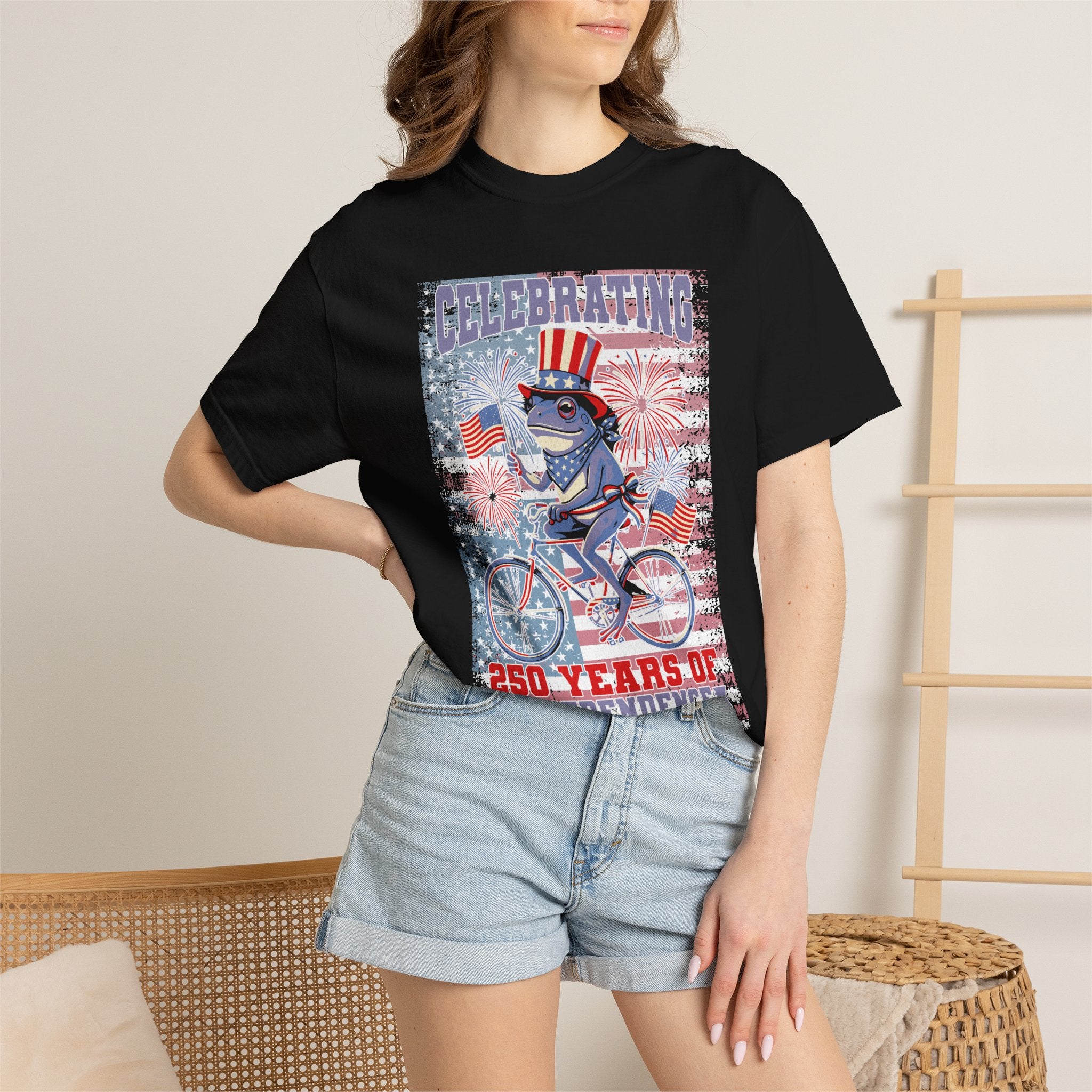 Textured Independence Day Patriotic T-Shirt — "Celebrating 250 Years of Independence" Bicycle Uncle Sam Design