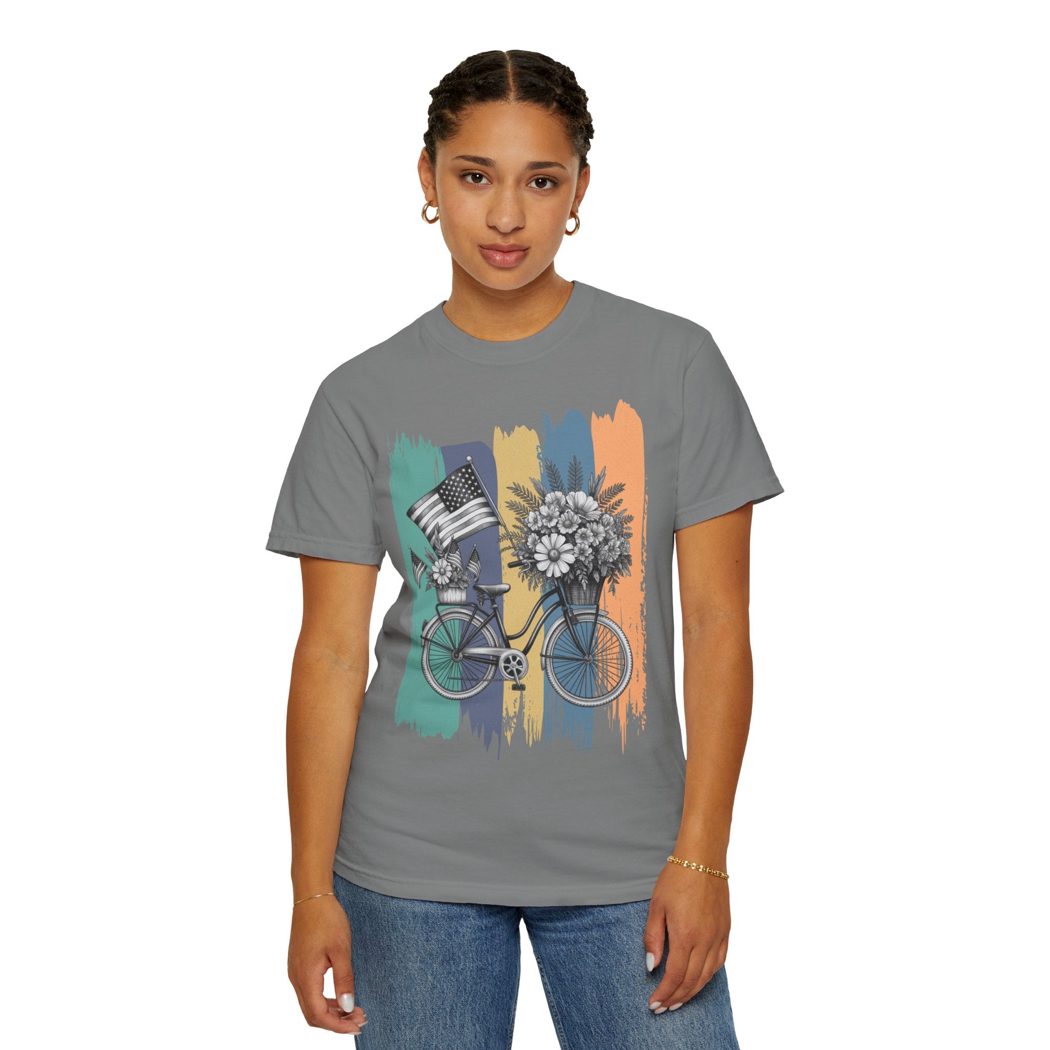 Textured Vintage Bicycle Bouquet T-Shirt — Americana Floral Bike Tee