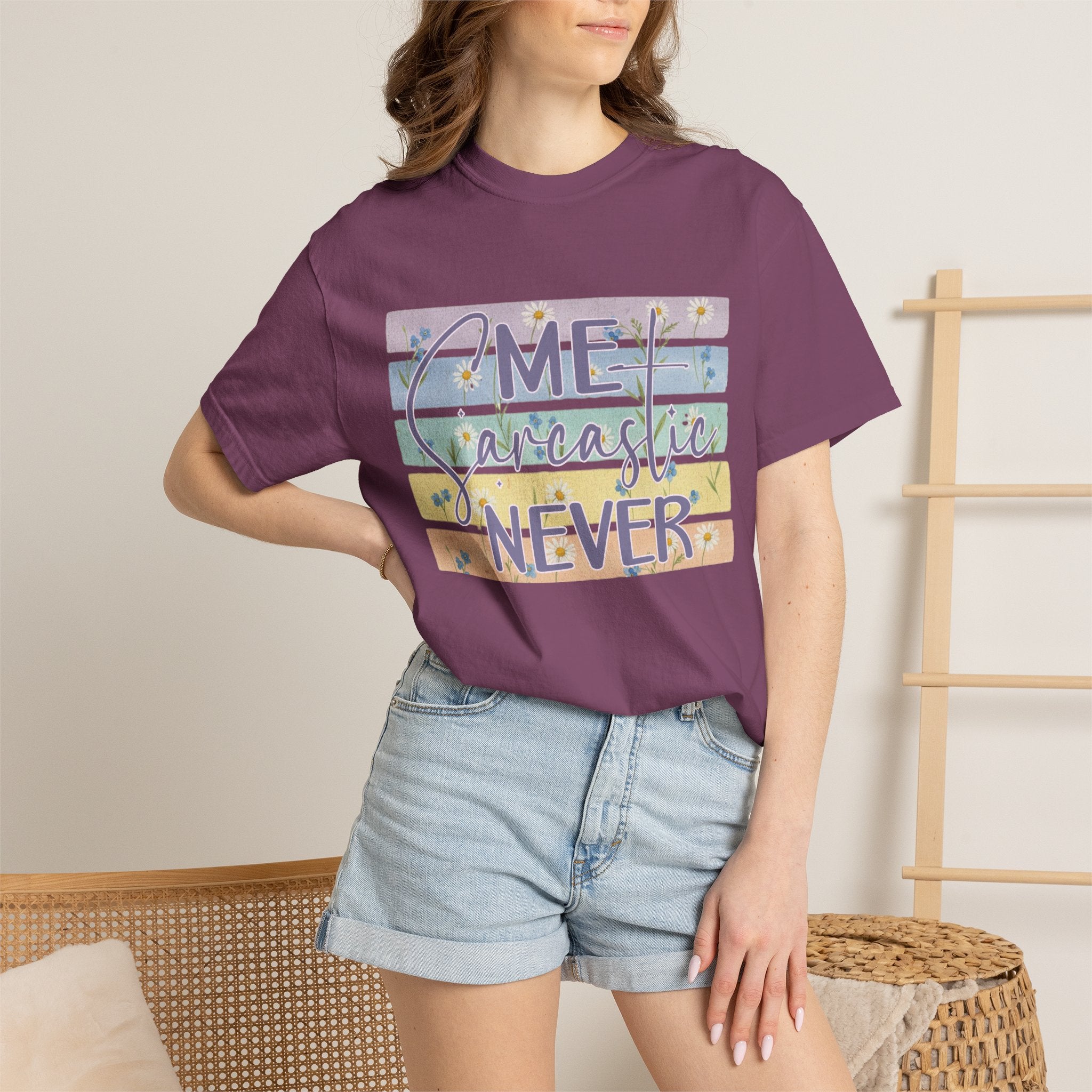 Textured Sarcastic Never T-Shirt — Pastel Striped "Me? Sarcastic? Never" Graphic Tee