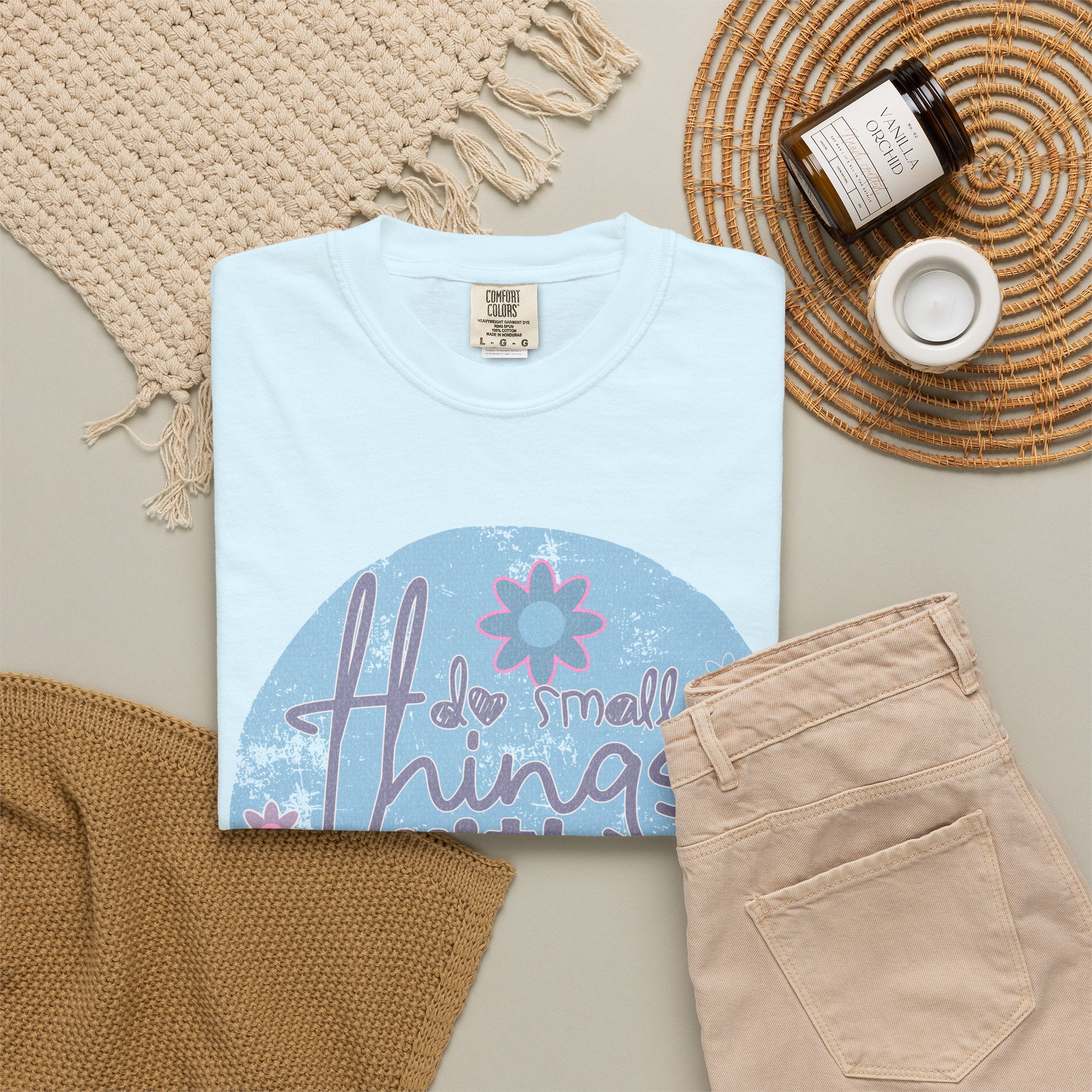 Textured Inspirational Graphic T-Shirt — "Do Small Things With Great Love" Floral Design