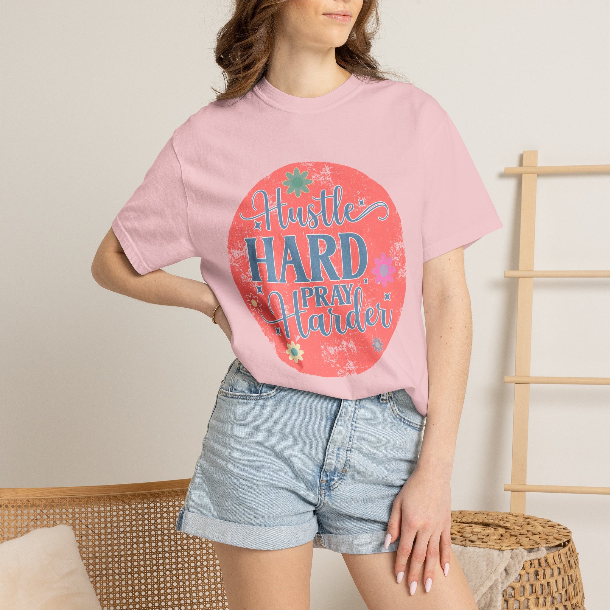 Textured Hustle Hard Pray Harder Tee — Inspirational Floral Graphic T-Shirt