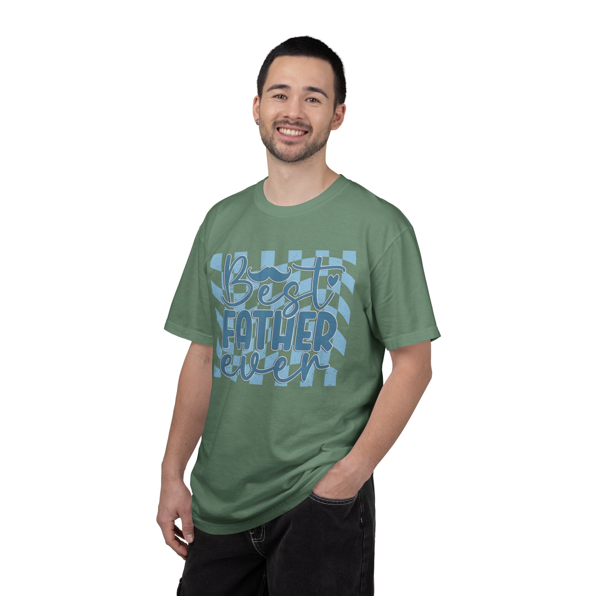 Textured Best Father Ever T-Shirt — Retro Blue Check Fathers Day Tee