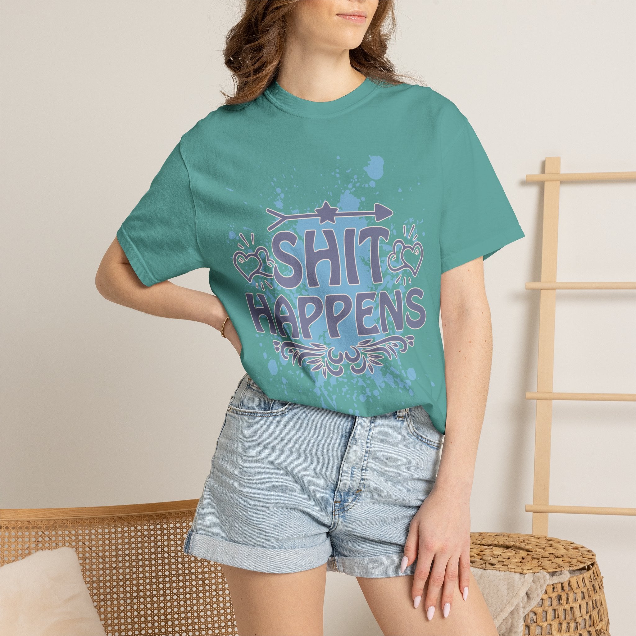 Shit Happens Graphic T-Shirt — Casual Humorous Tee with Splatter Design