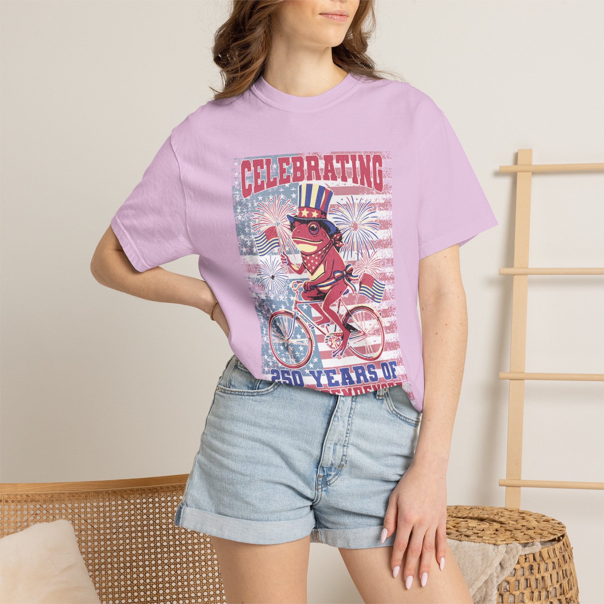 Textured Independence Day Dog on Bike T-Shirt — "Celebrating 250 Years of Independence" Patriotic Tee