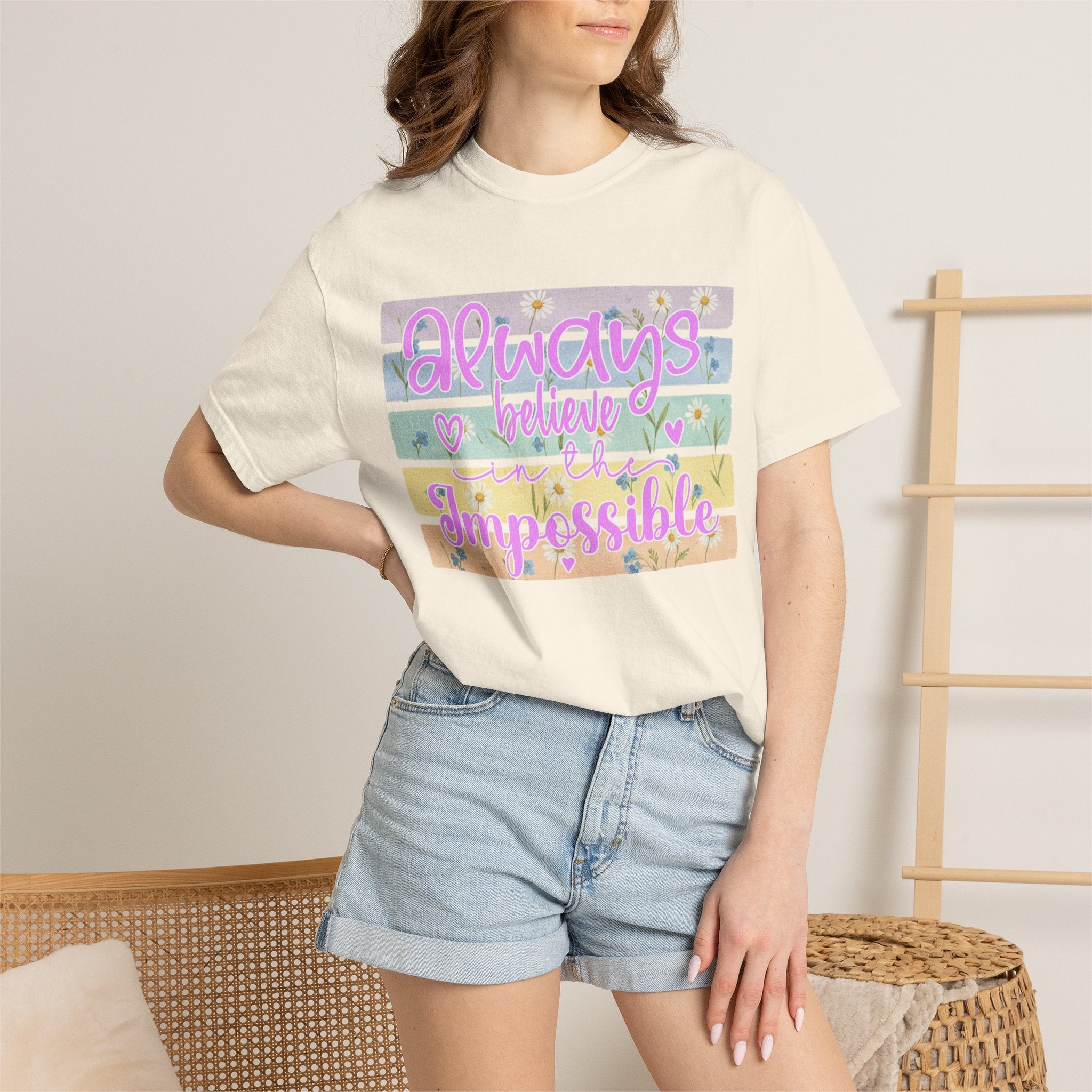 Textured Always Believe Impossible T-Shirt — Pastel Inspirational Graphic Tee