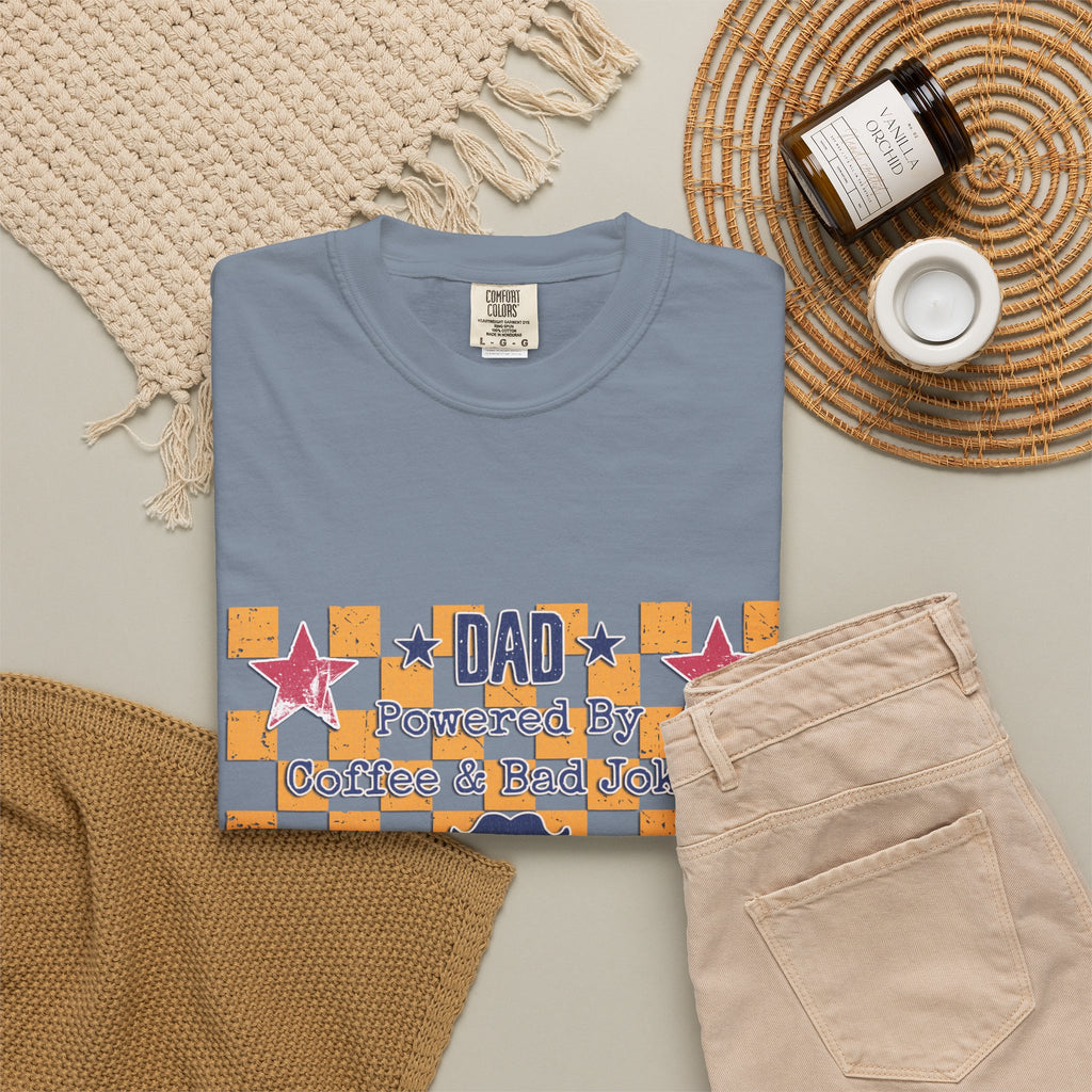 Dad Textured T-Shirt — "Powered by Coffee & Bad Jokes" Retro Checker Fathers Day Tee